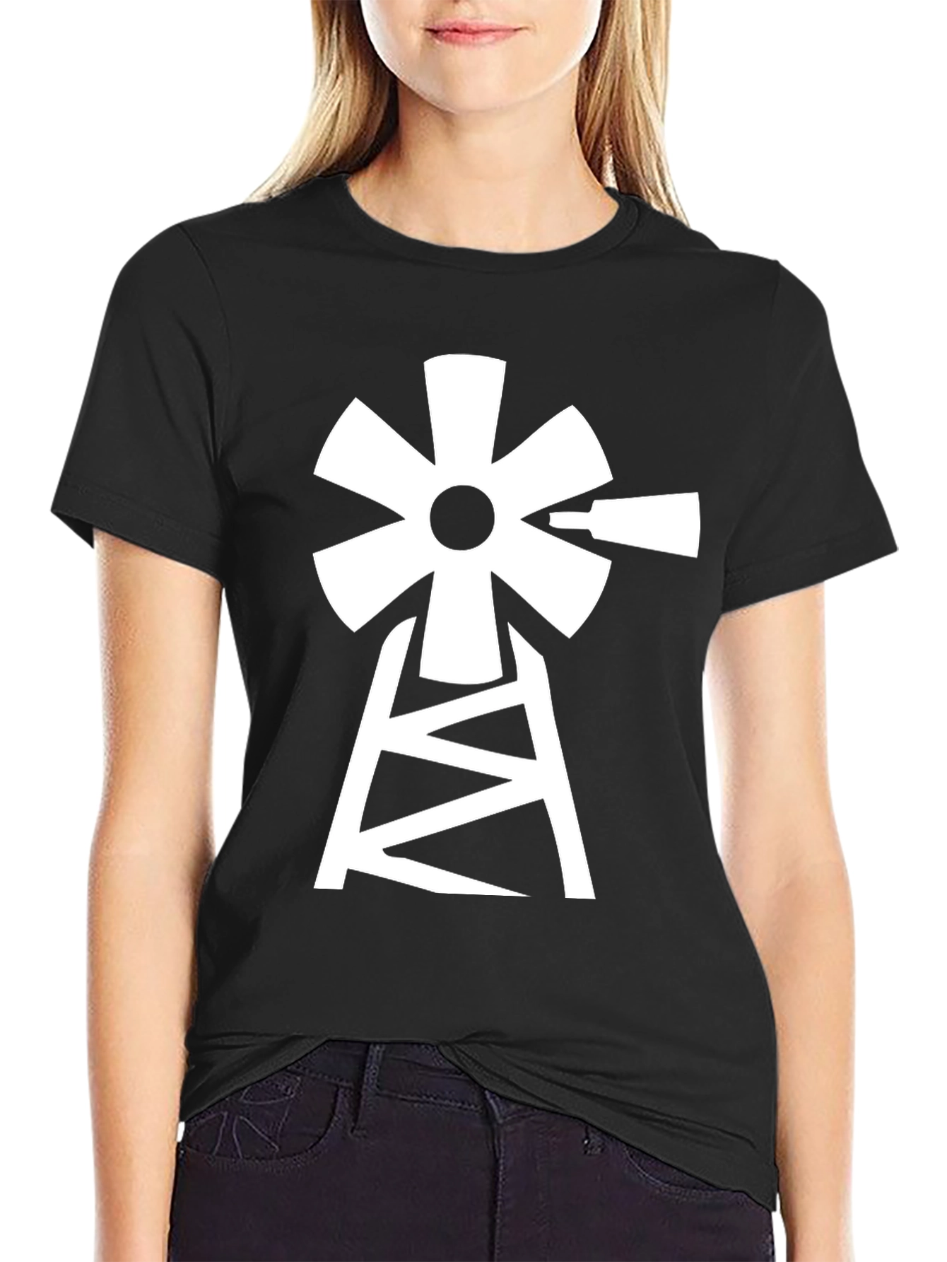 Windmill Graphic Tee - Black Cotton Blend T-Shirt