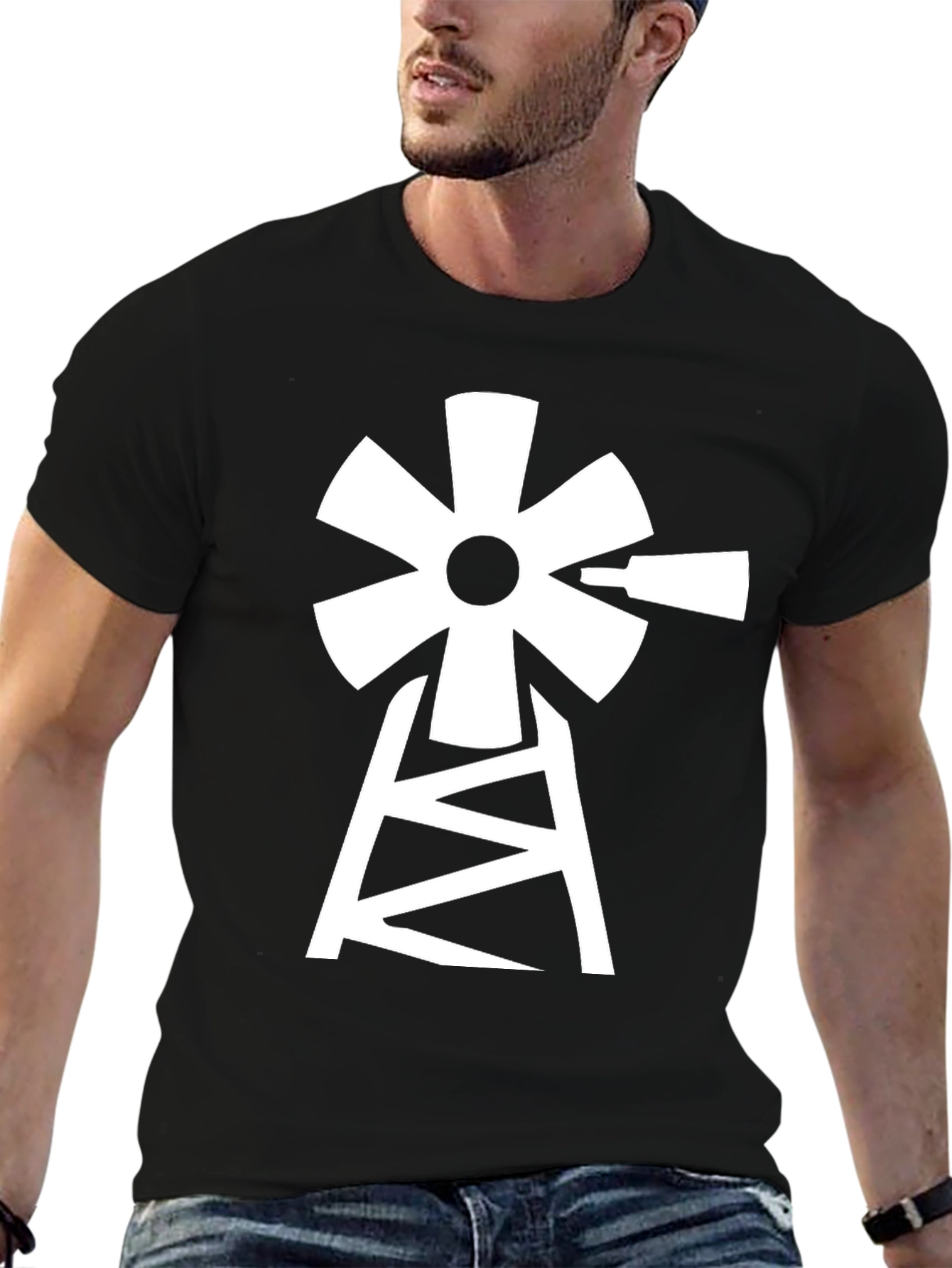 Windmill Graphic Tee - Black Cotton Blend T-Shirt