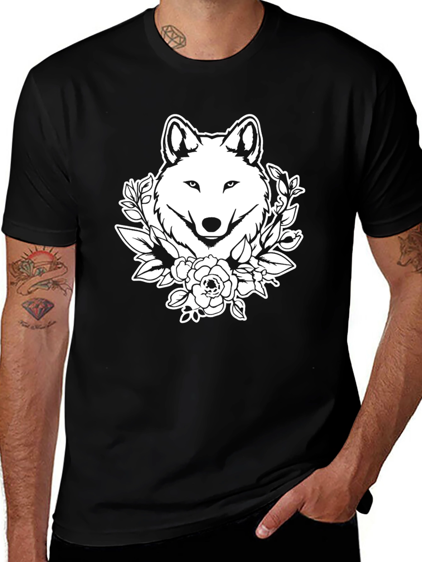Wolf Floral Graphic T-Shirt - Black