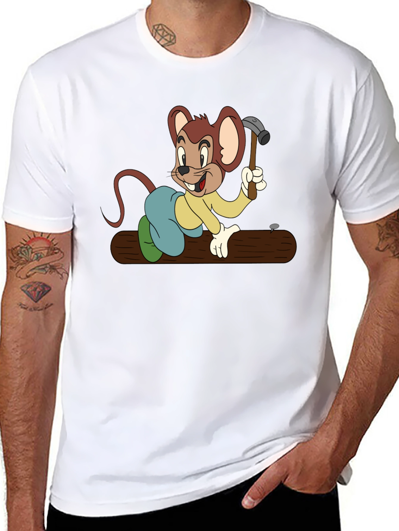 Black T-Shirt with Construction Cartoon Mouse