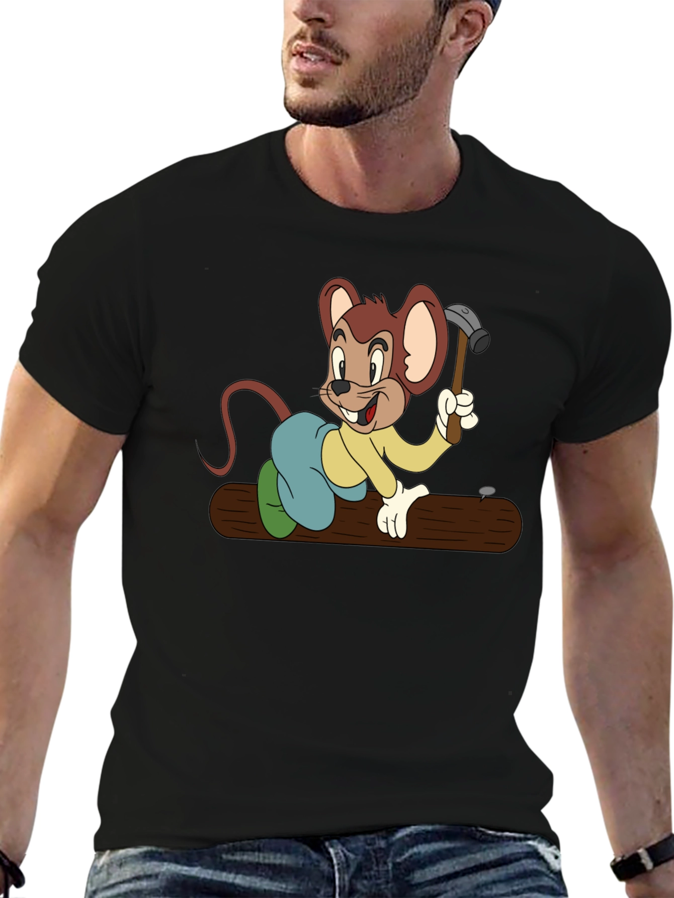 Black T-Shirt with Construction Cartoon Mouse