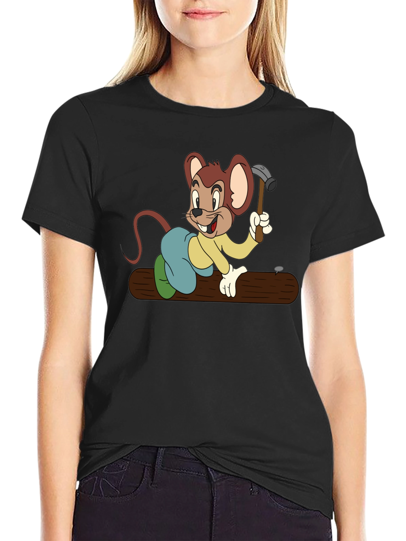 Black T-Shirt with Construction Cartoon Mouse