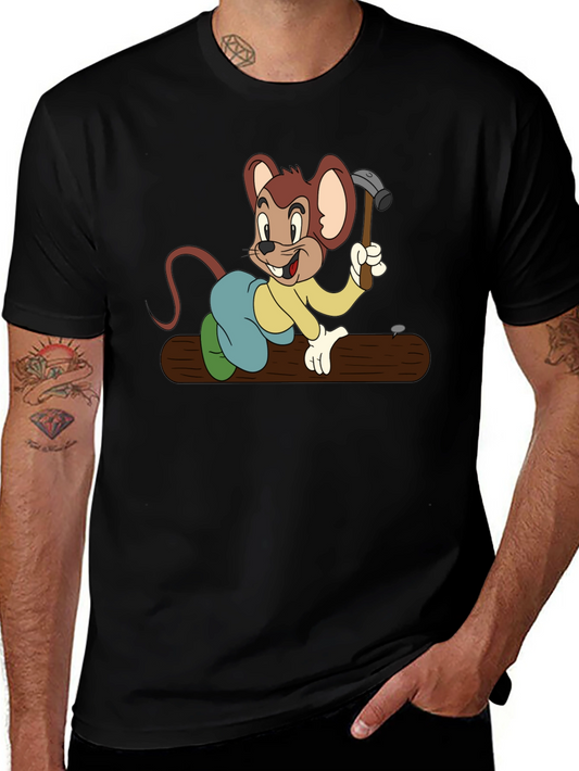 Black T-Shirt with Construction Cartoon Mouse