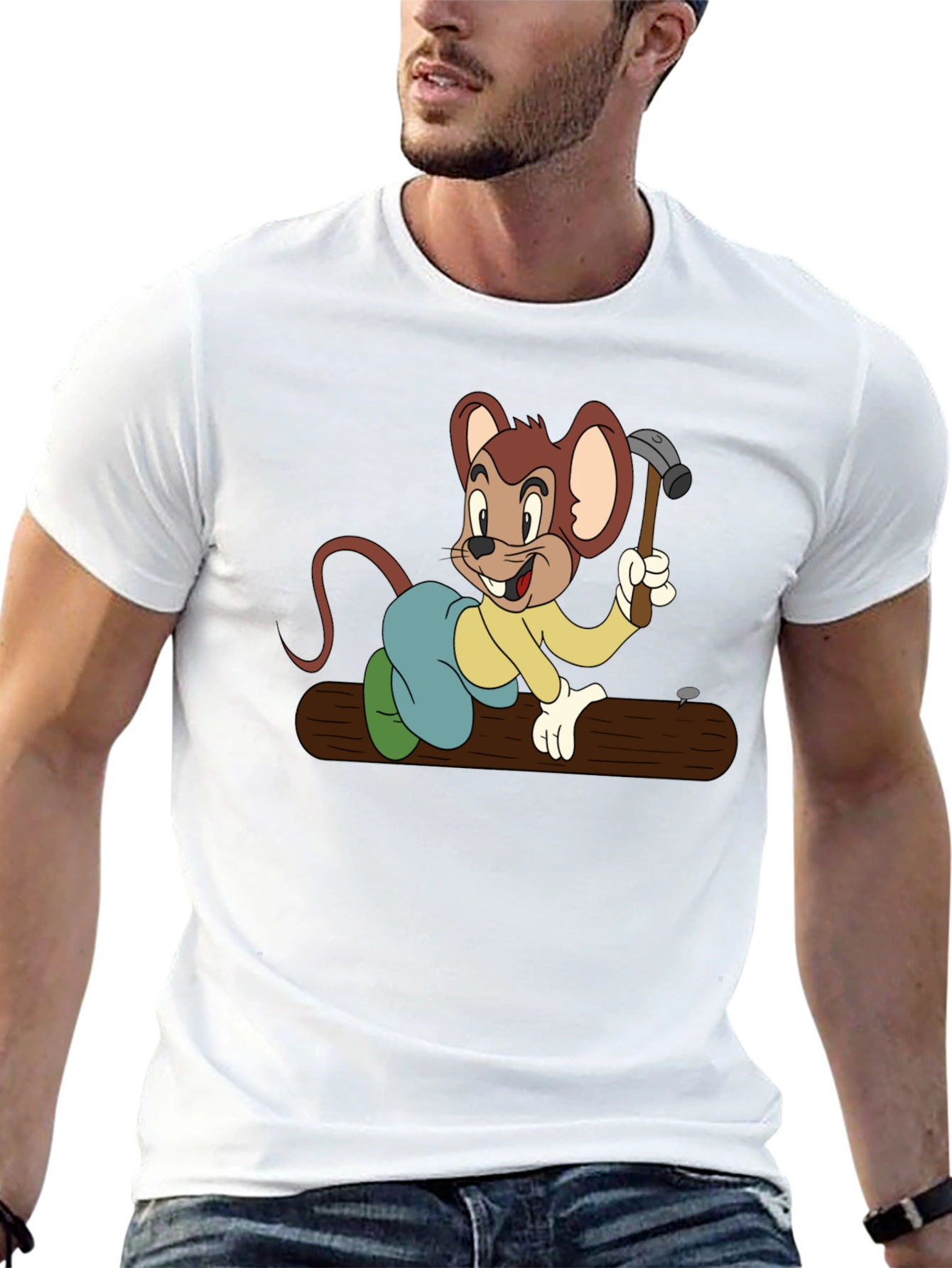 Black T-Shirt with Construction Cartoon Mouse