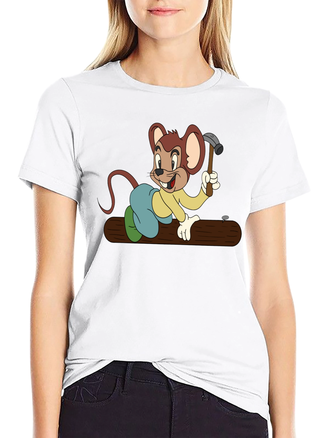 Black T-Shirt with Construction Cartoon Mouse