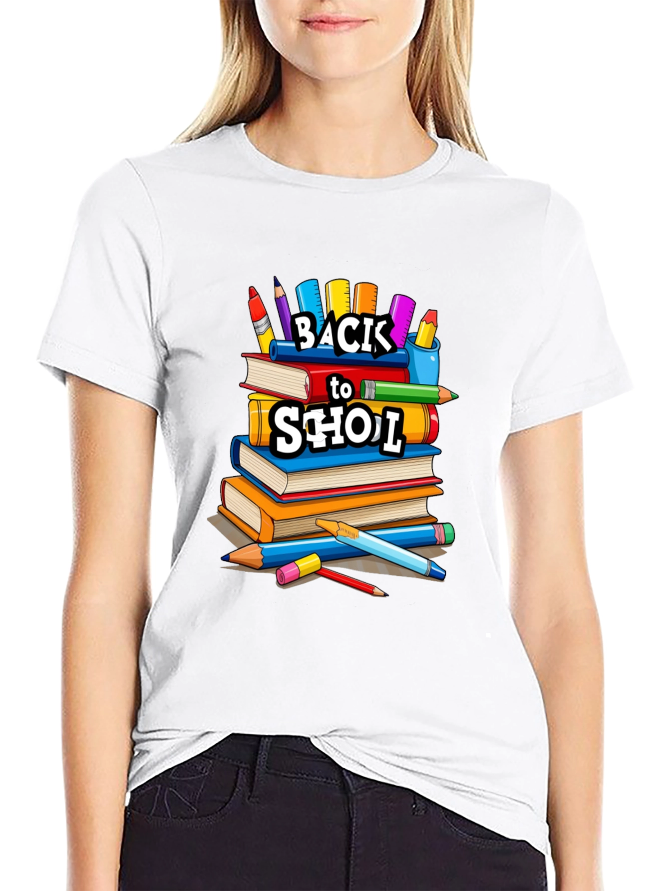 Back to School Stacked Books Black T-Shirt
