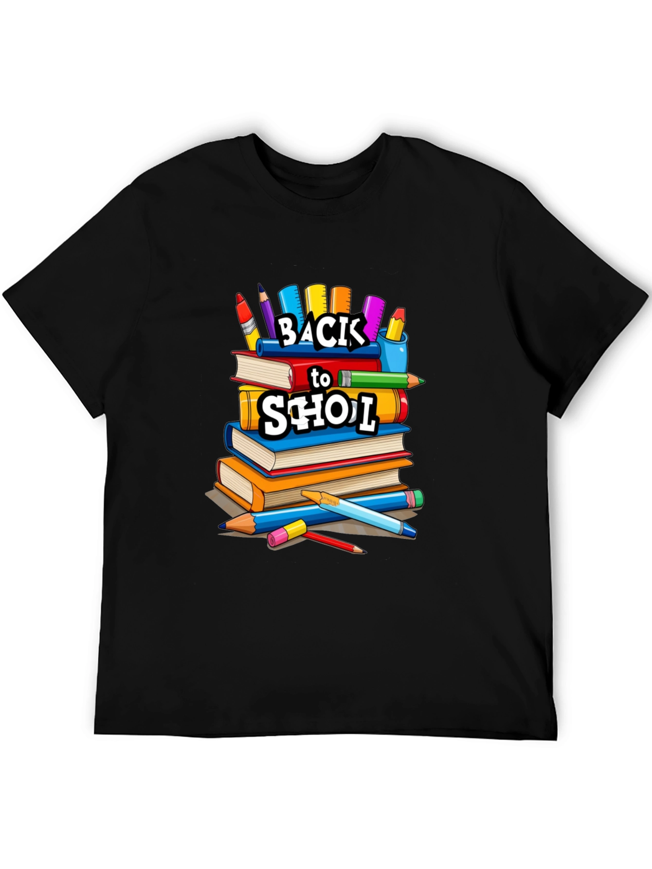 Back to School Stacked Books Black T-Shirt