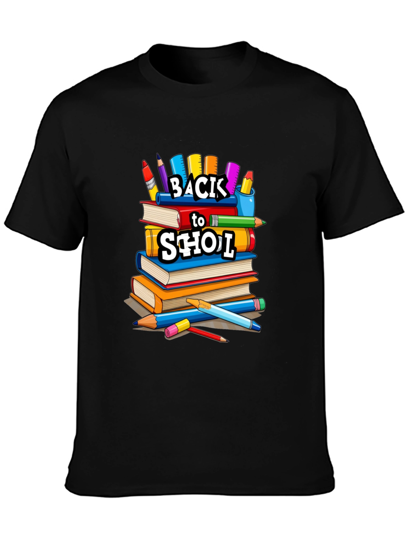 Back to School Stacked Books Black T-Shirt
