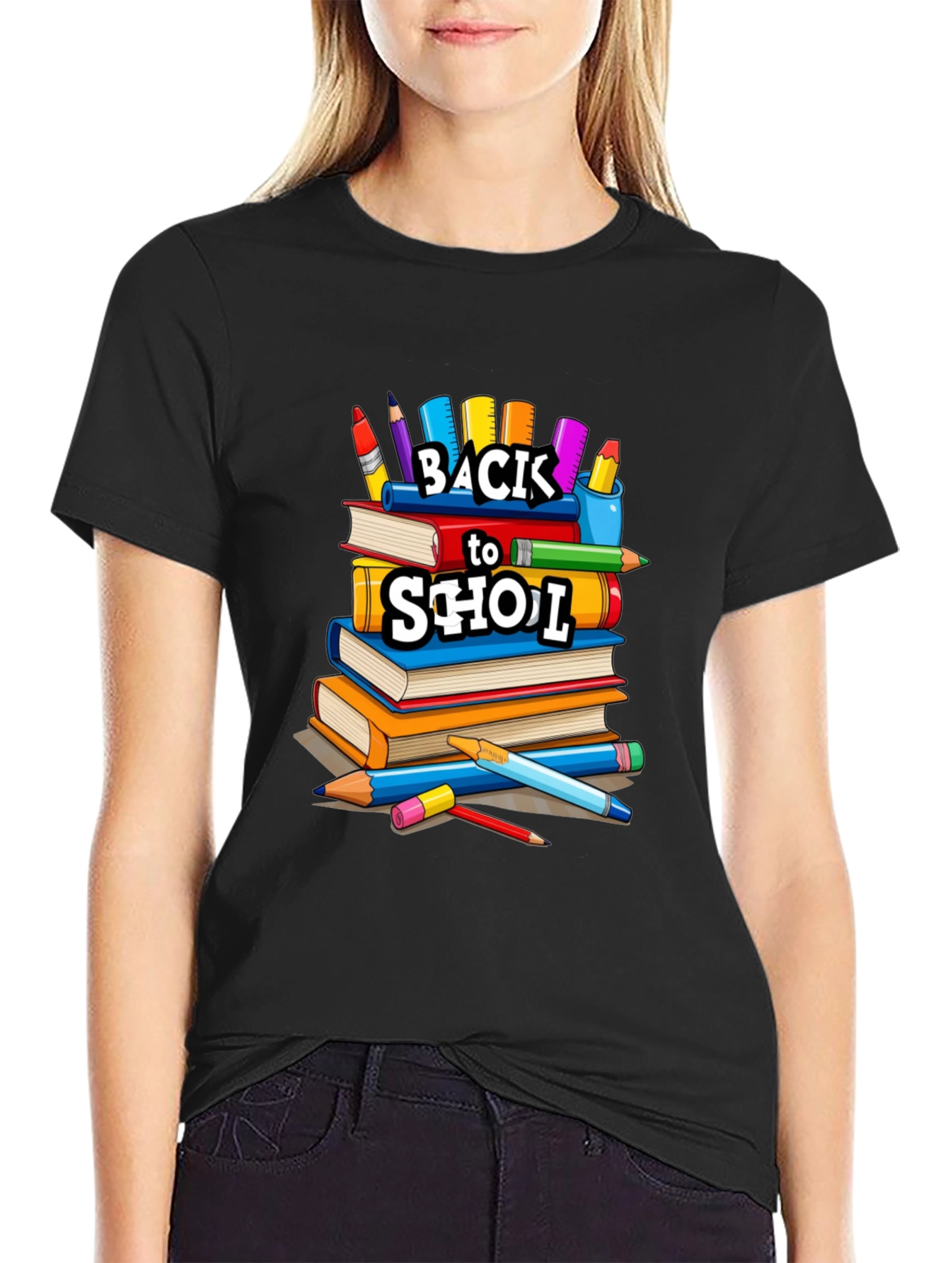 Back to School Stacked Books Black T-Shirt