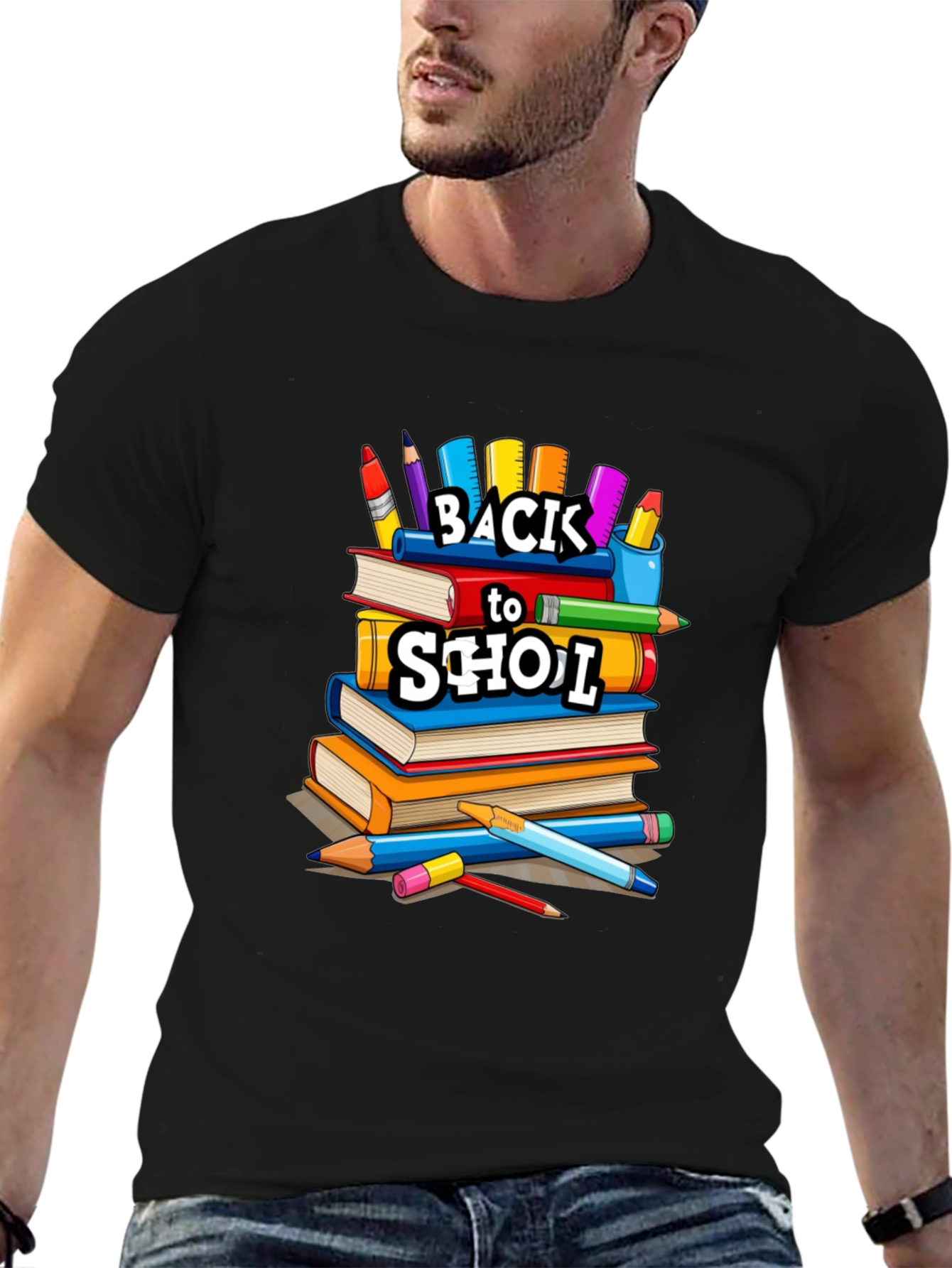 Back to School Stacked Books Black T-Shirt