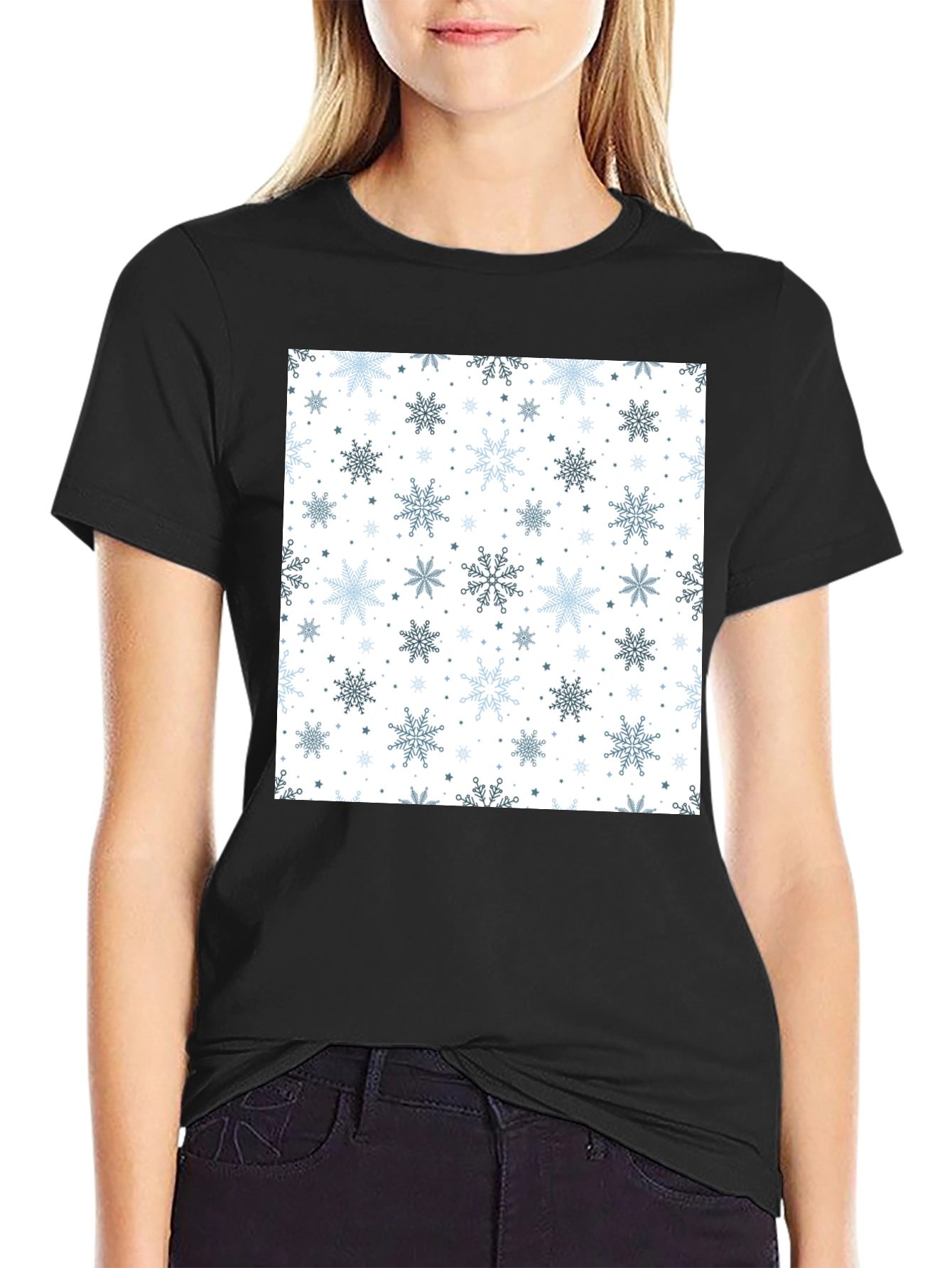 Winter Snowflake Pattern Black T-Shirt