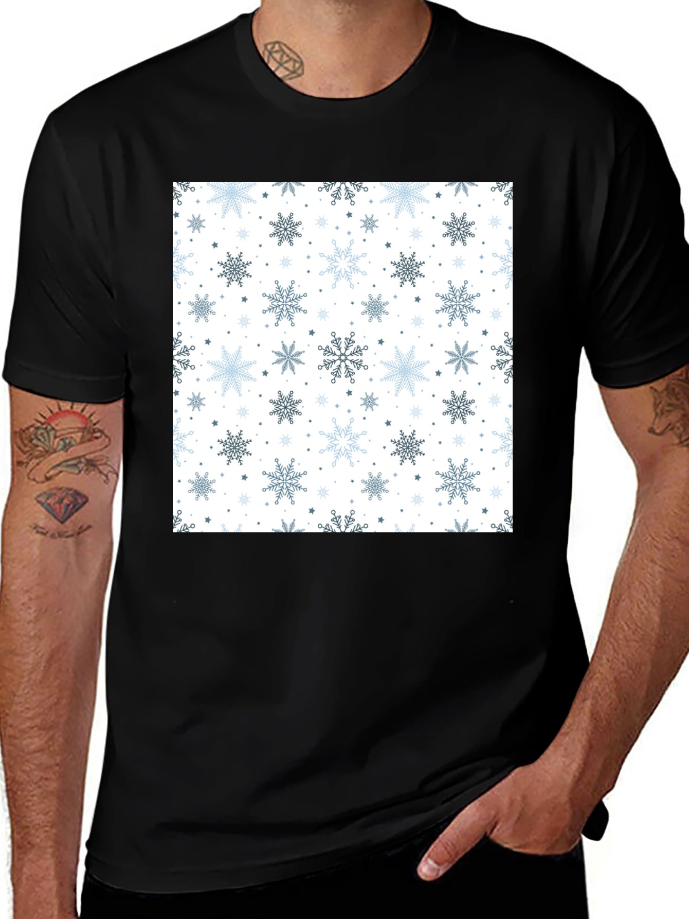 Winter Snowflake Pattern Black T-Shirt