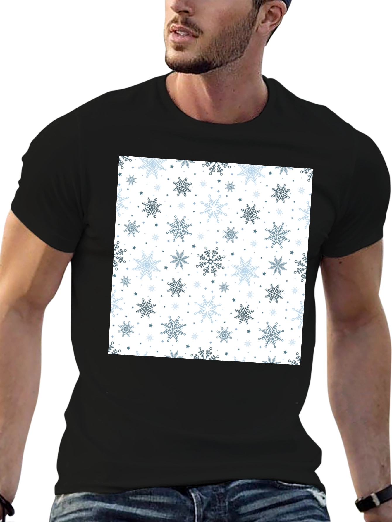 Winter Snowflake Pattern Black T-Shirt