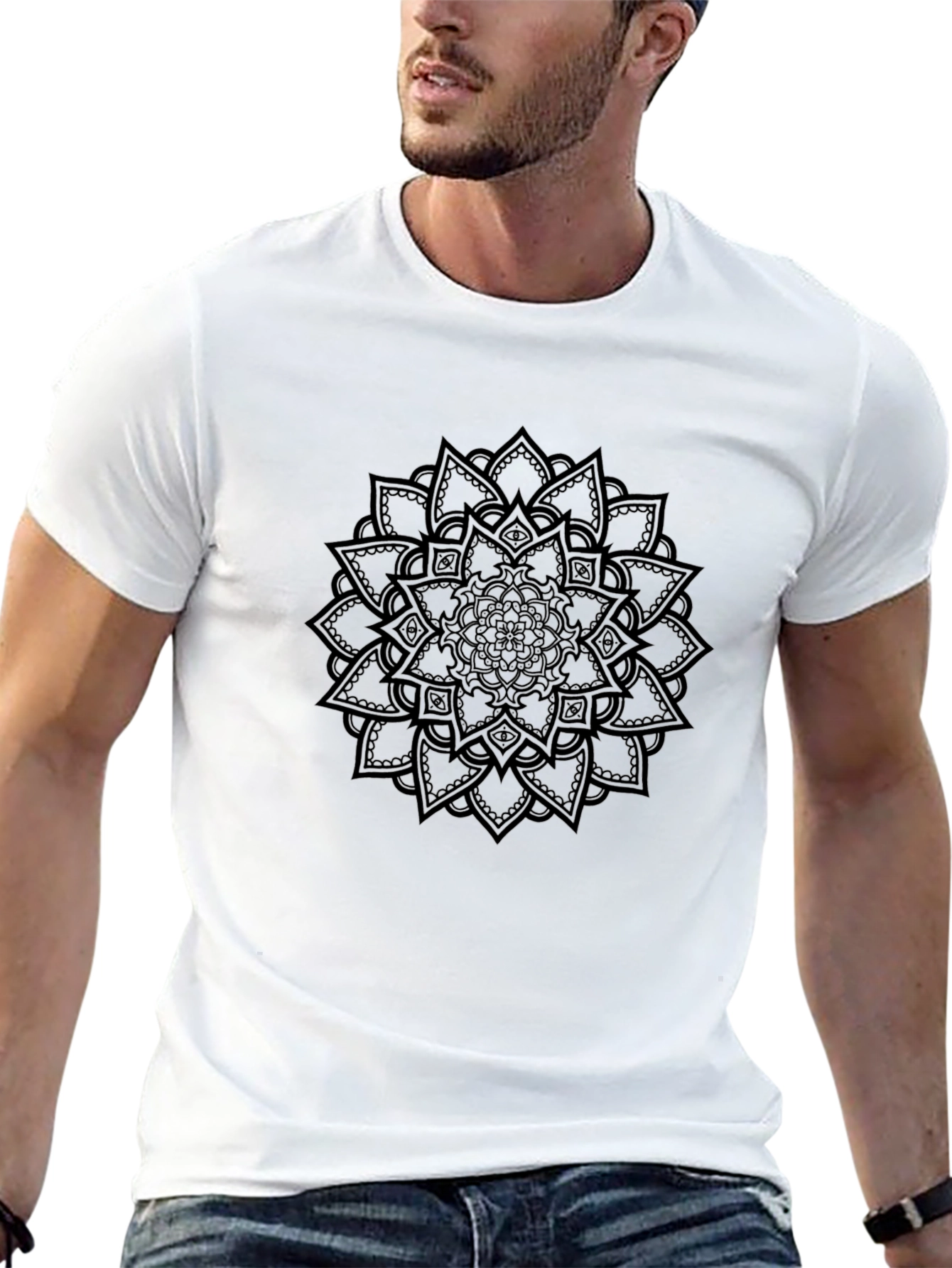 Black Mandala Print Mens T-Shirt