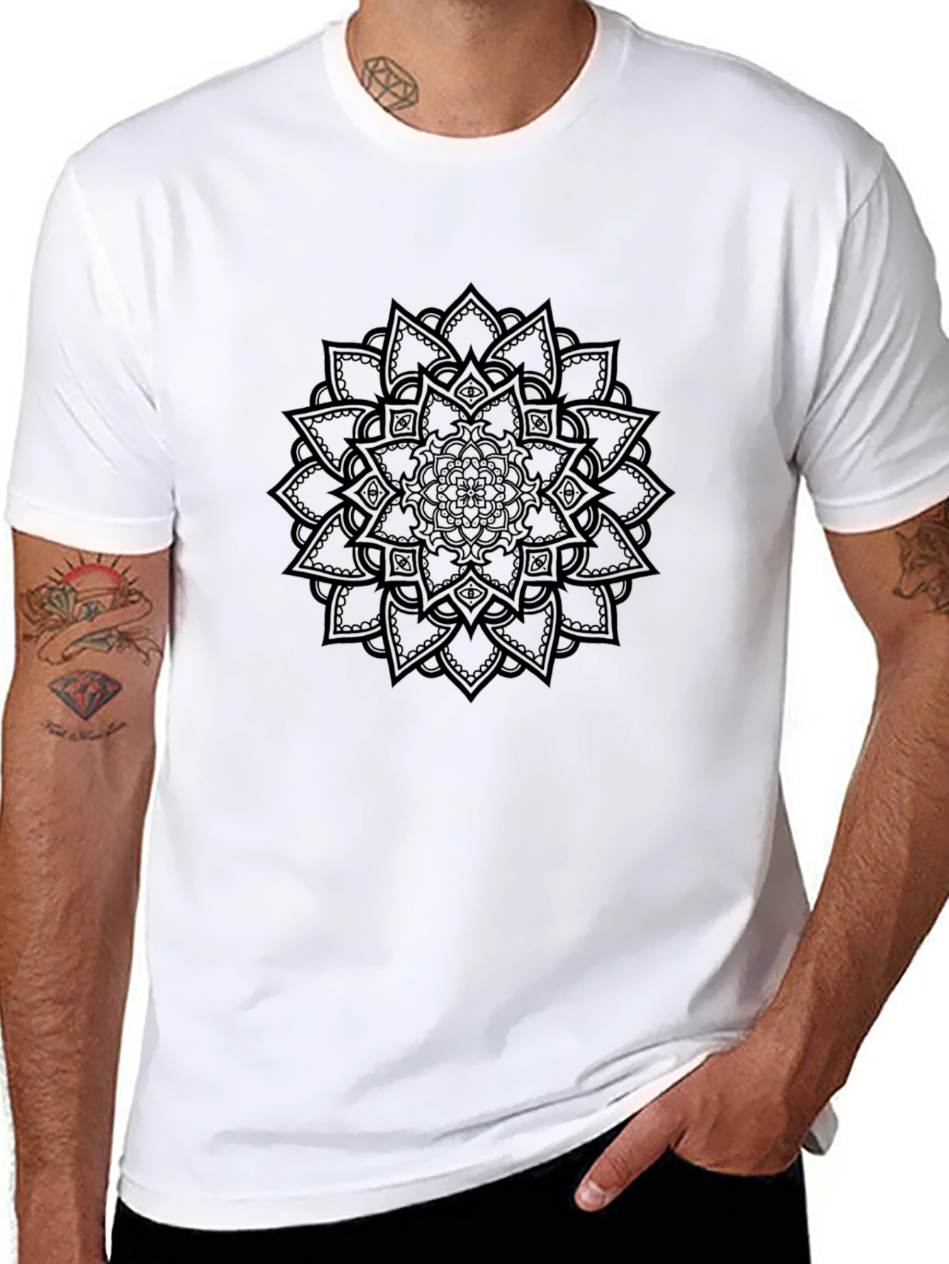 Black Mandala Print Mens T-Shirt