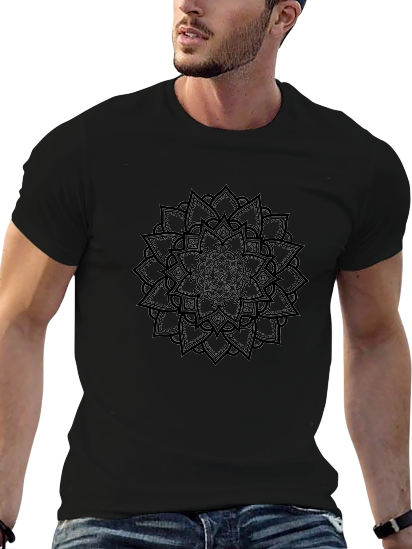 Black Mandala Print Mens T-Shirt