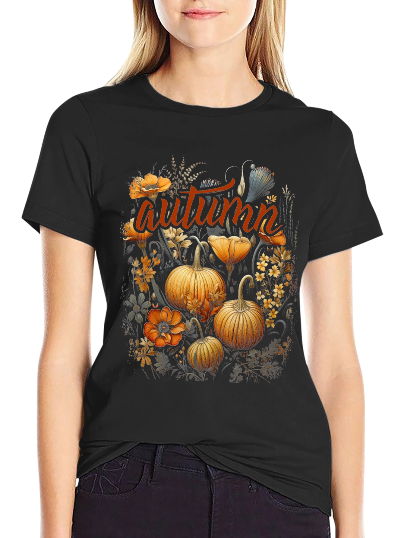 Autumn Pumpkin Floral Graphic T-Shirt