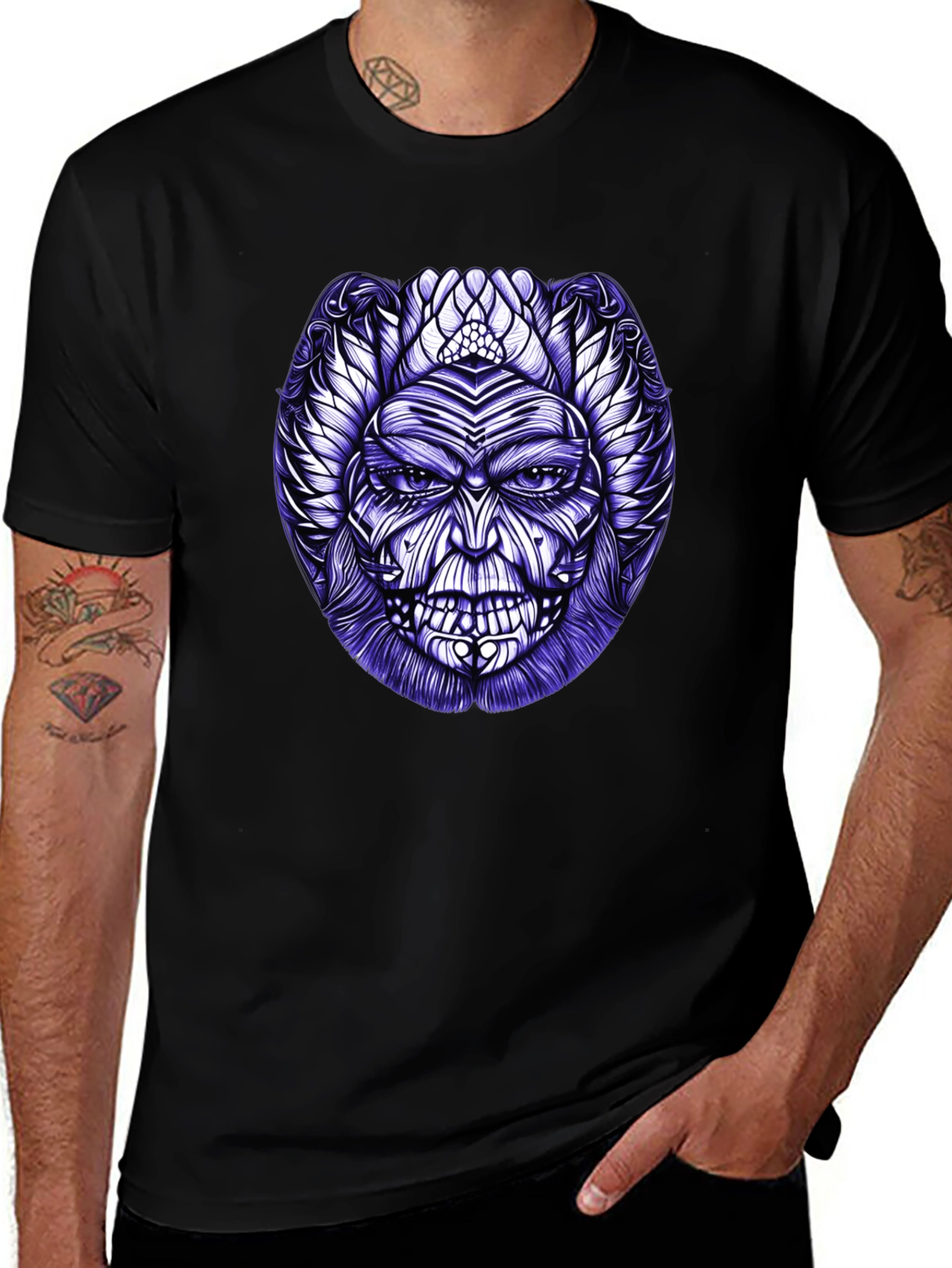 Tribal Mask Graphic Tee - Black Cotton Blend