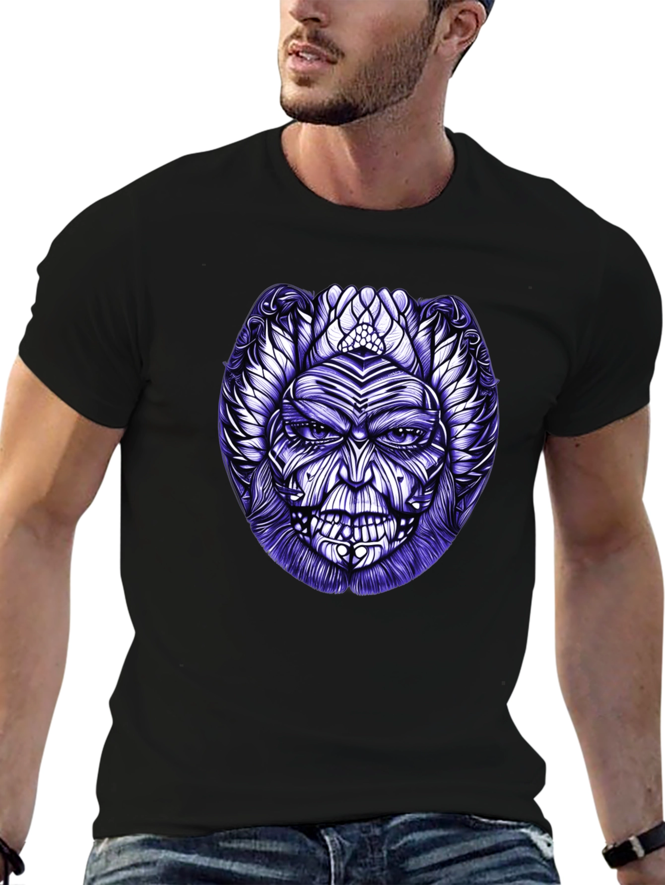 Tribal Mask Graphic Tee - Black Cotton Blend