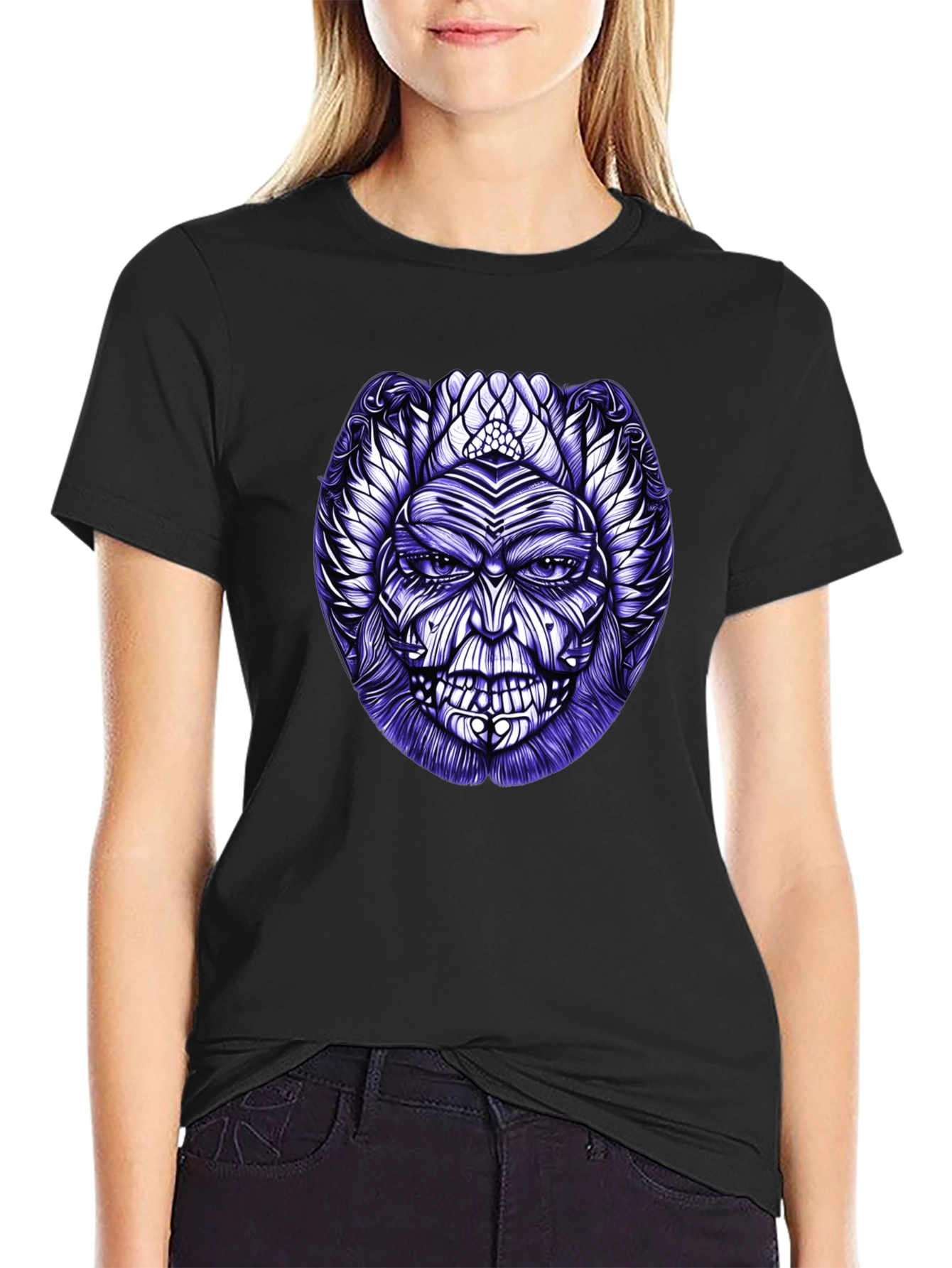 Tribal Mask Graphic Tee - Black Cotton Blend