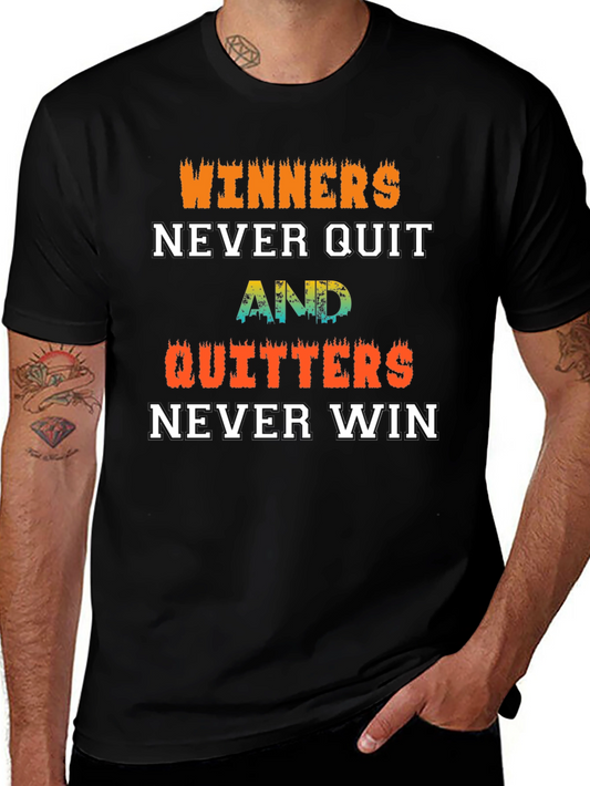 Winners Never Quit Motivational Black T-Shirt