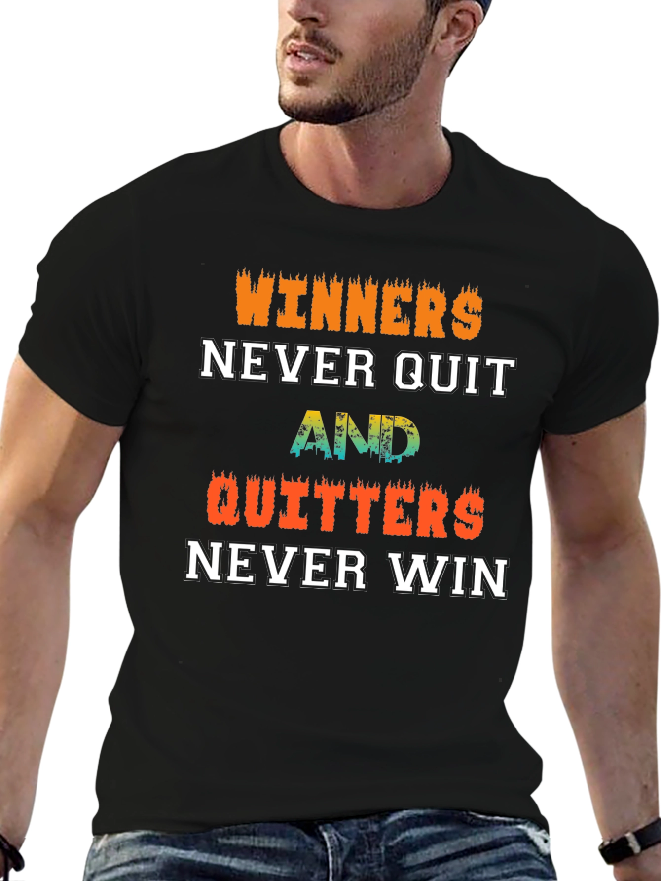 Winners Never Quit Motivational Black T-Shirt