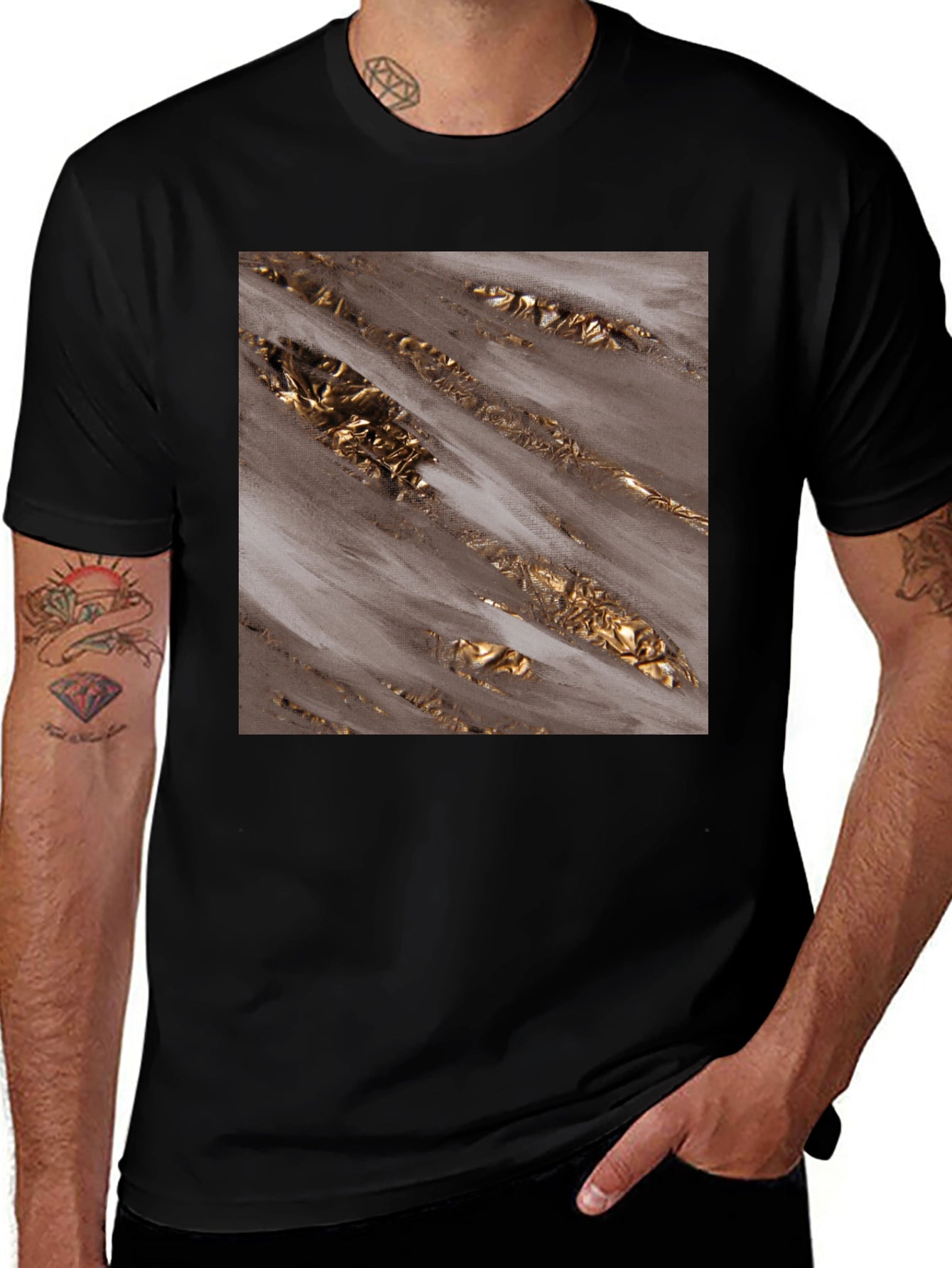 Abstract Gold Foil Print Black T-Shirt