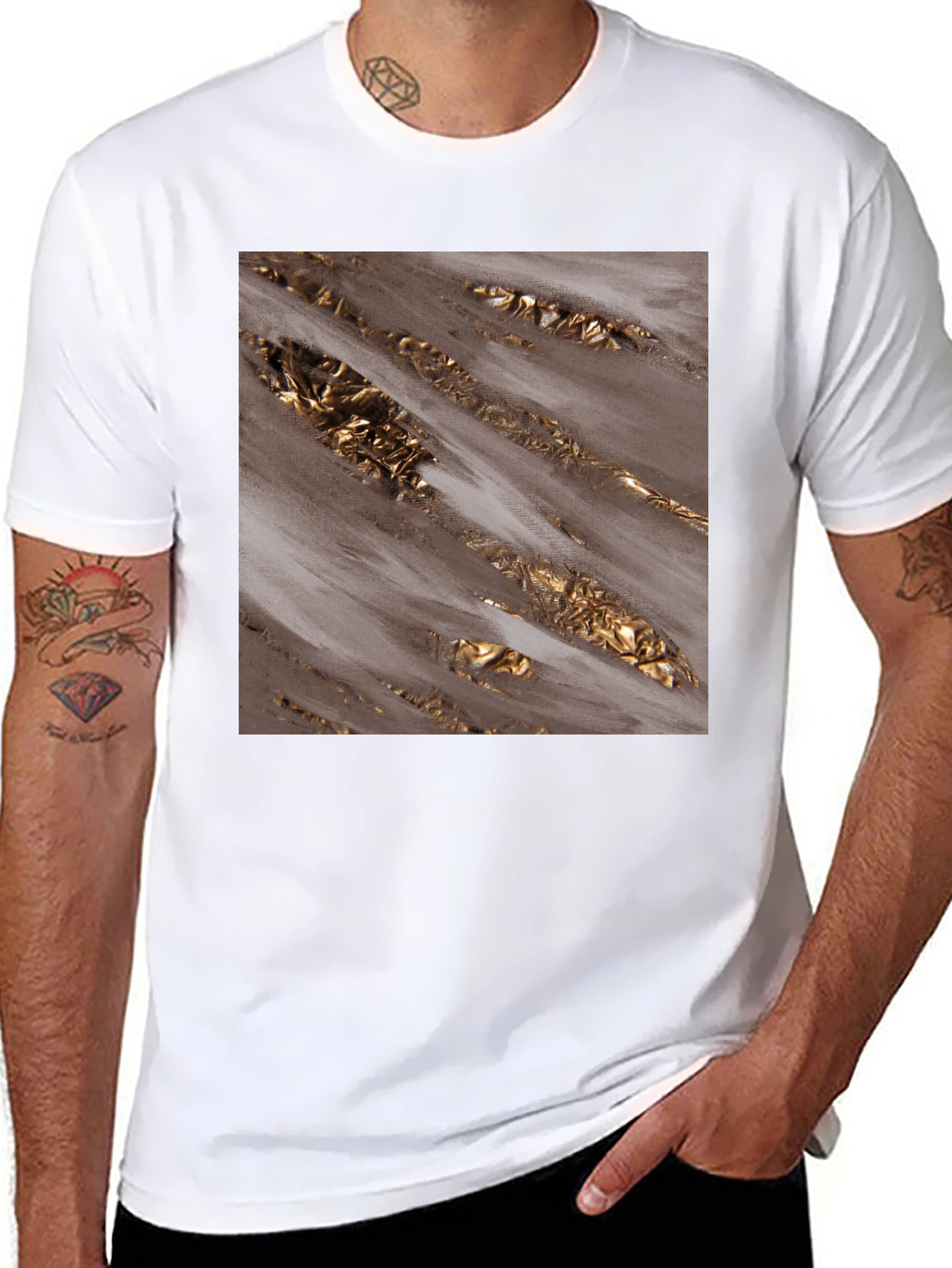 Abstract Gold Foil Print Black T-Shirt