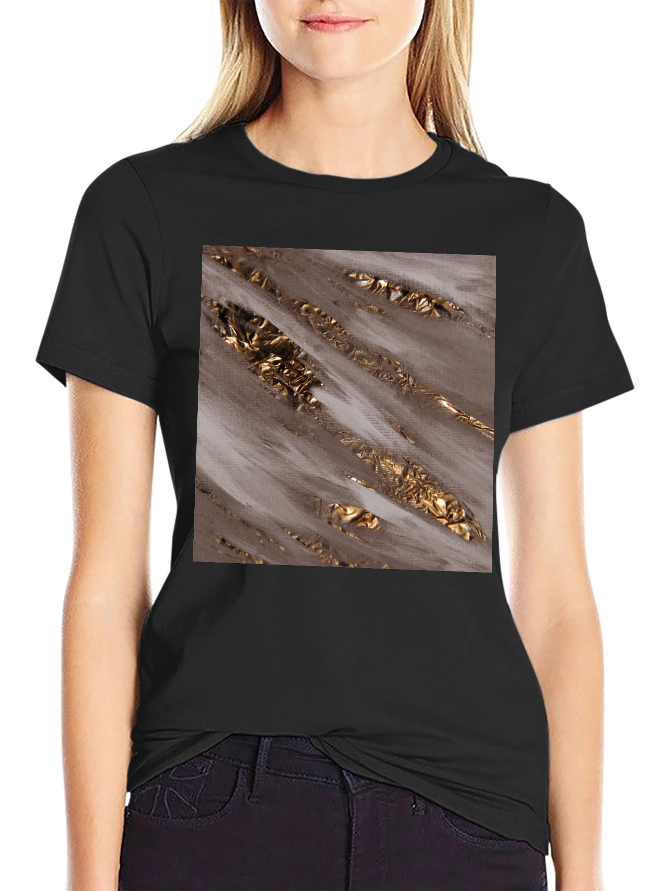 Abstract Gold Foil Print Black T-Shirt