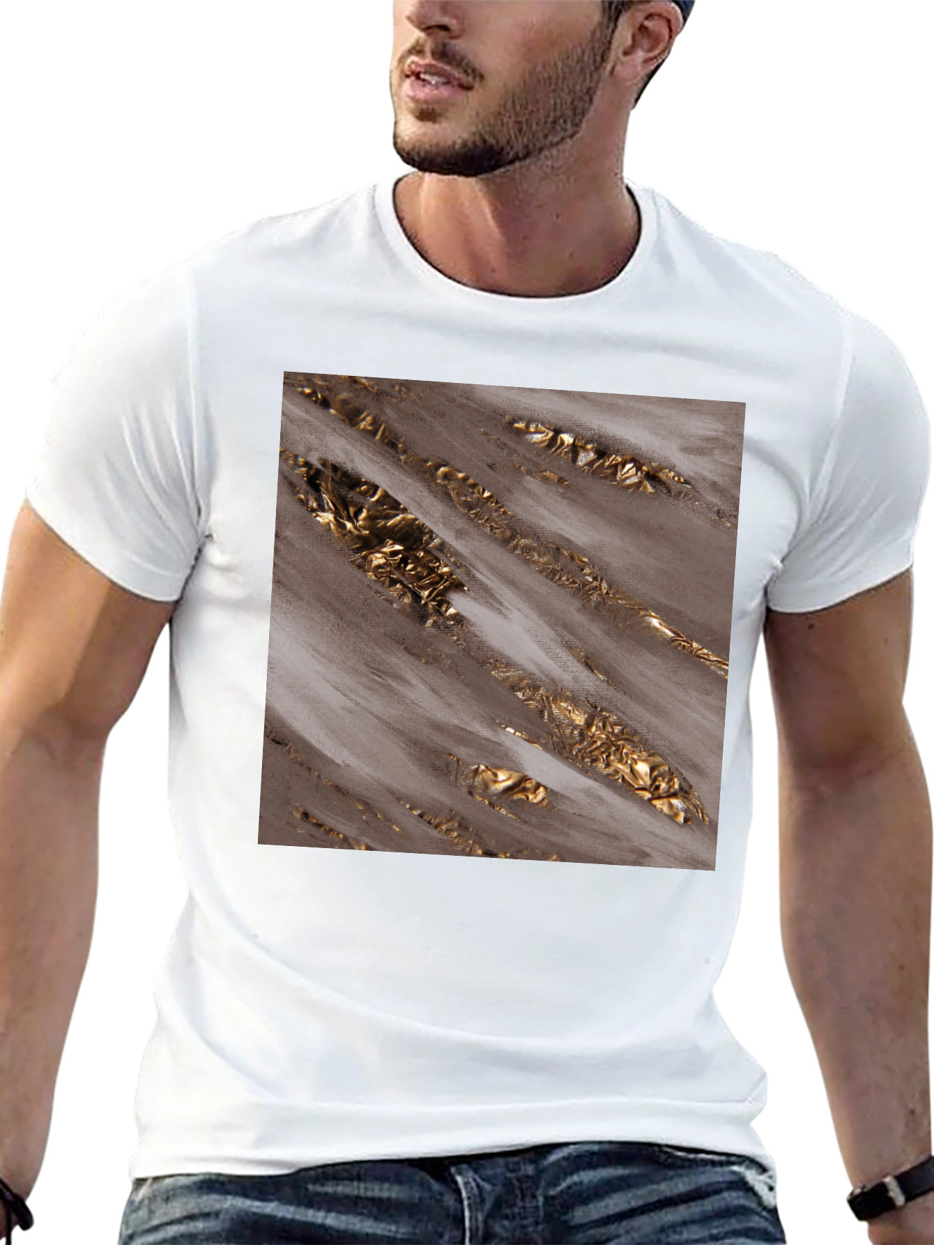 Abstract Gold Foil Print Black T-Shirt