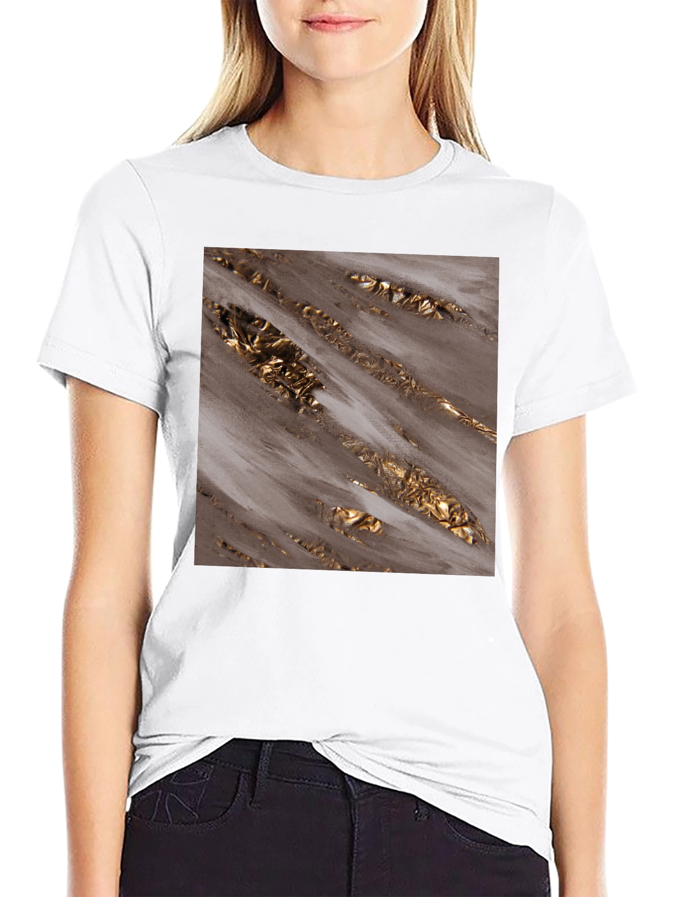 Abstract Gold Foil Print Black T-Shirt