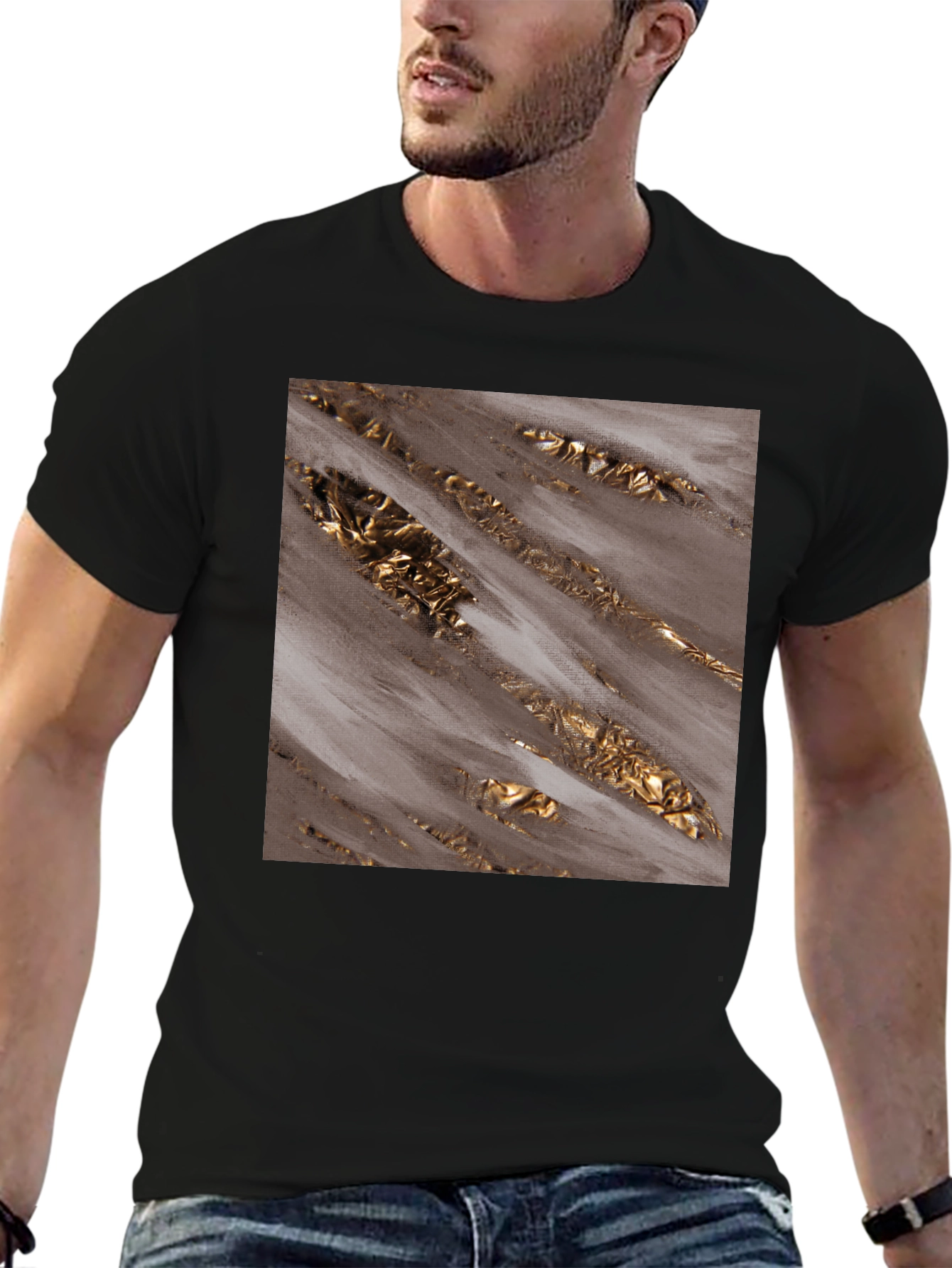Abstract Gold Foil Print Black T-Shirt