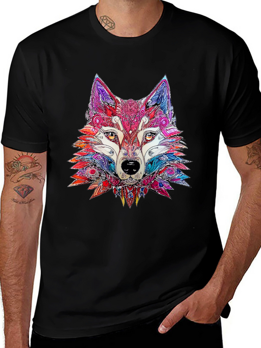 Abstract Wolf Graphic Print Black T-Shirt