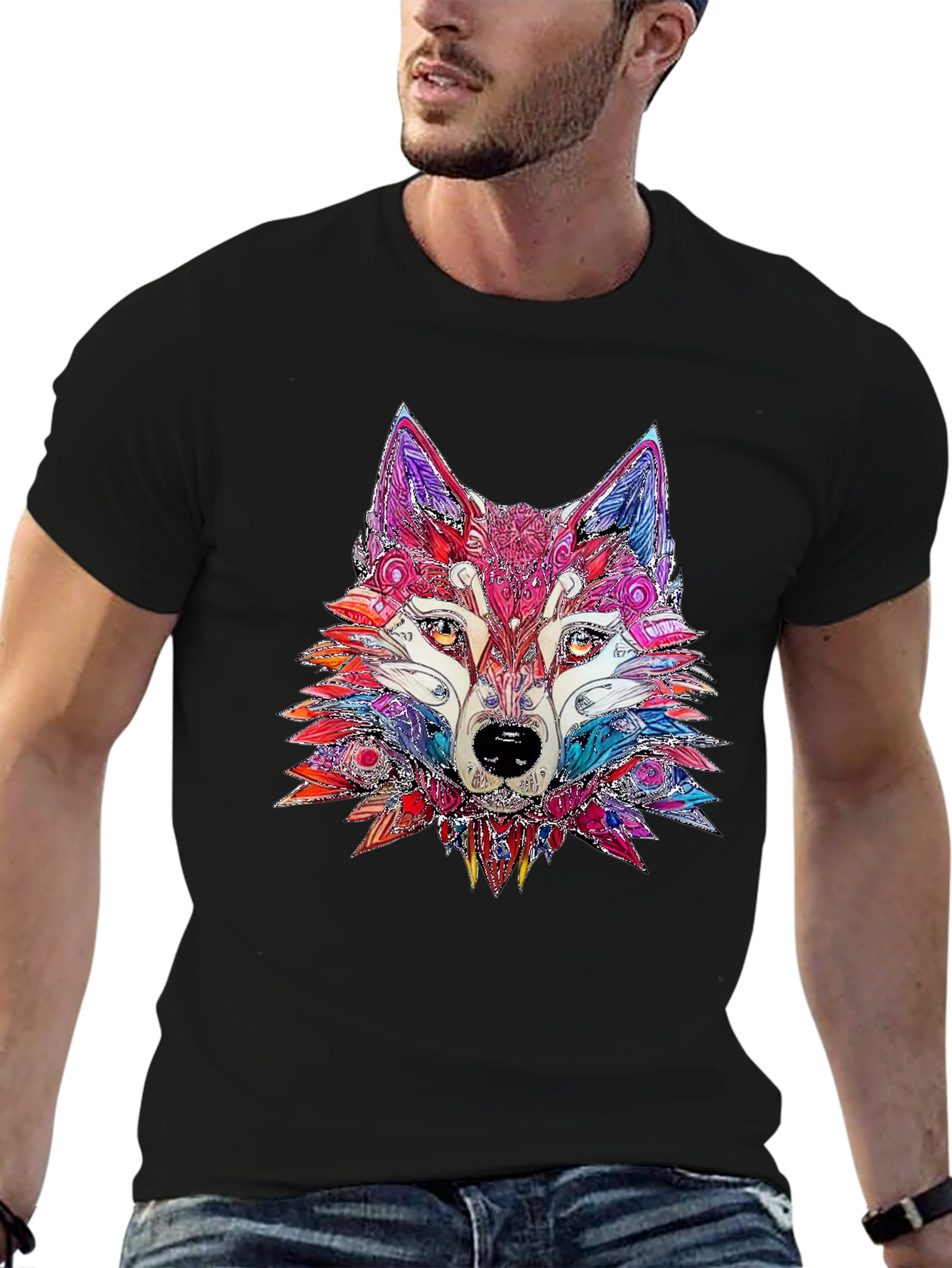 Abstract Wolf Graphic Print Black T-Shirt