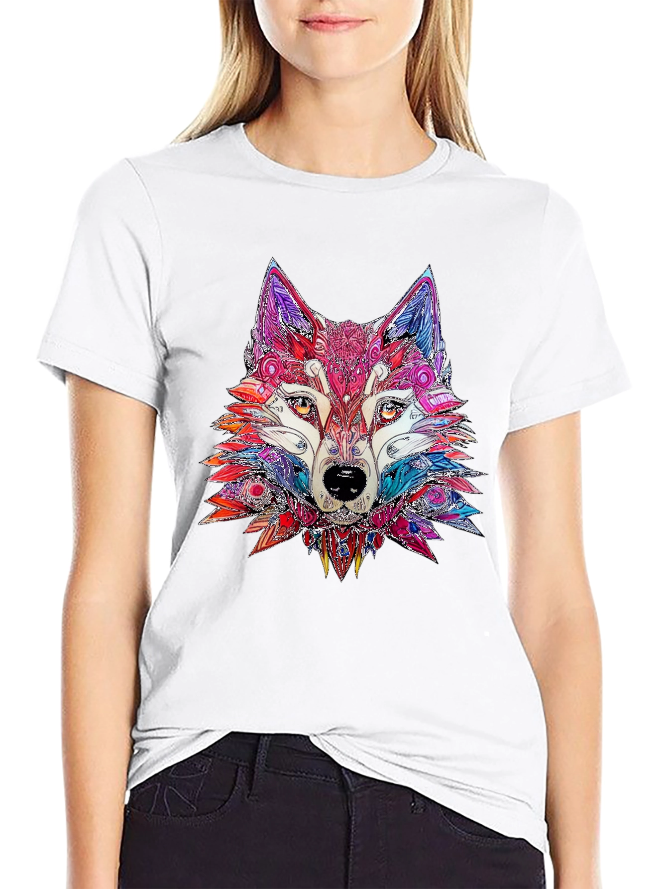 Abstract Wolf Graphic Print Black T-Shirt