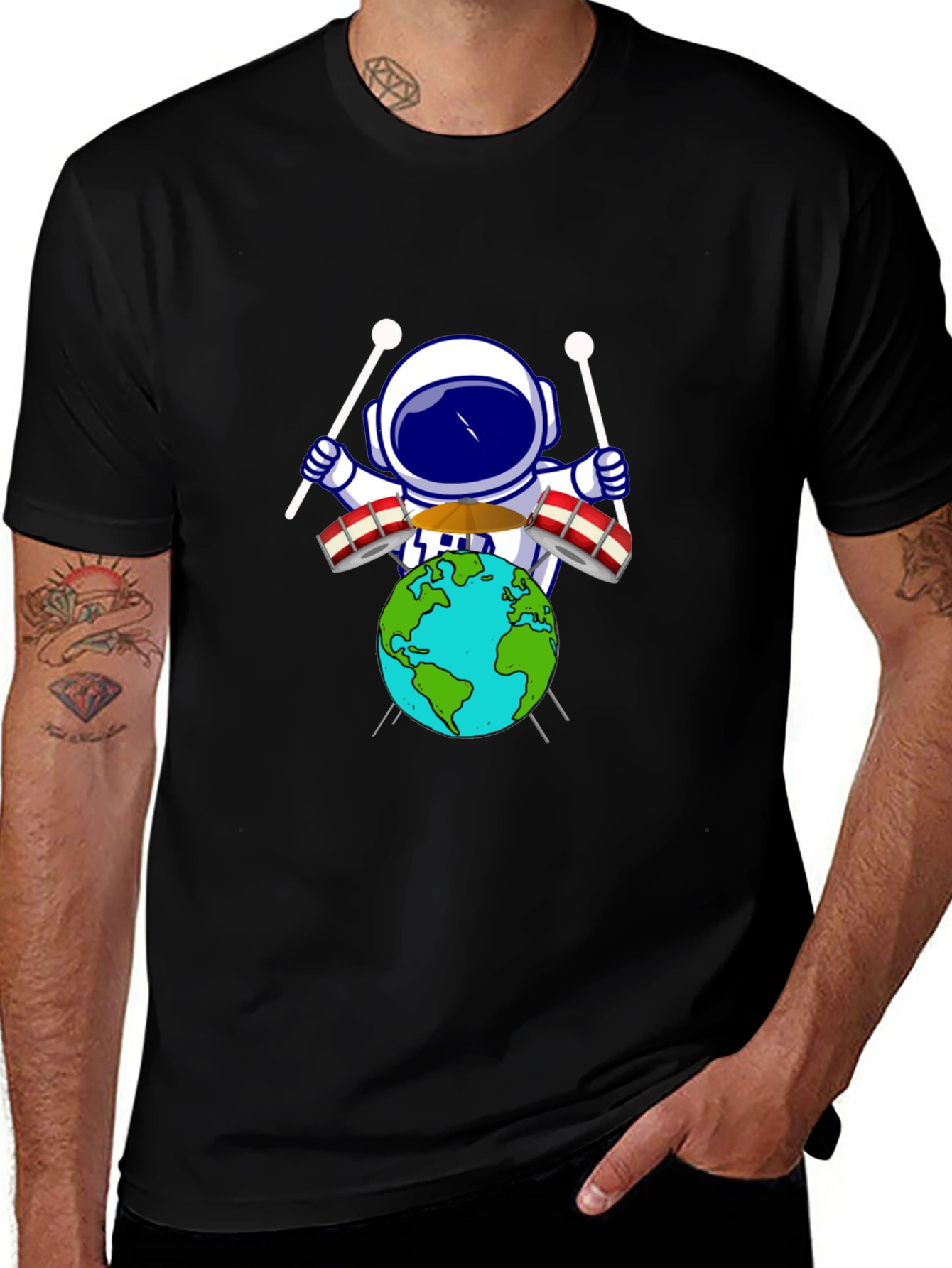 Astronaut Drummer Earth Graphic Tee - Black