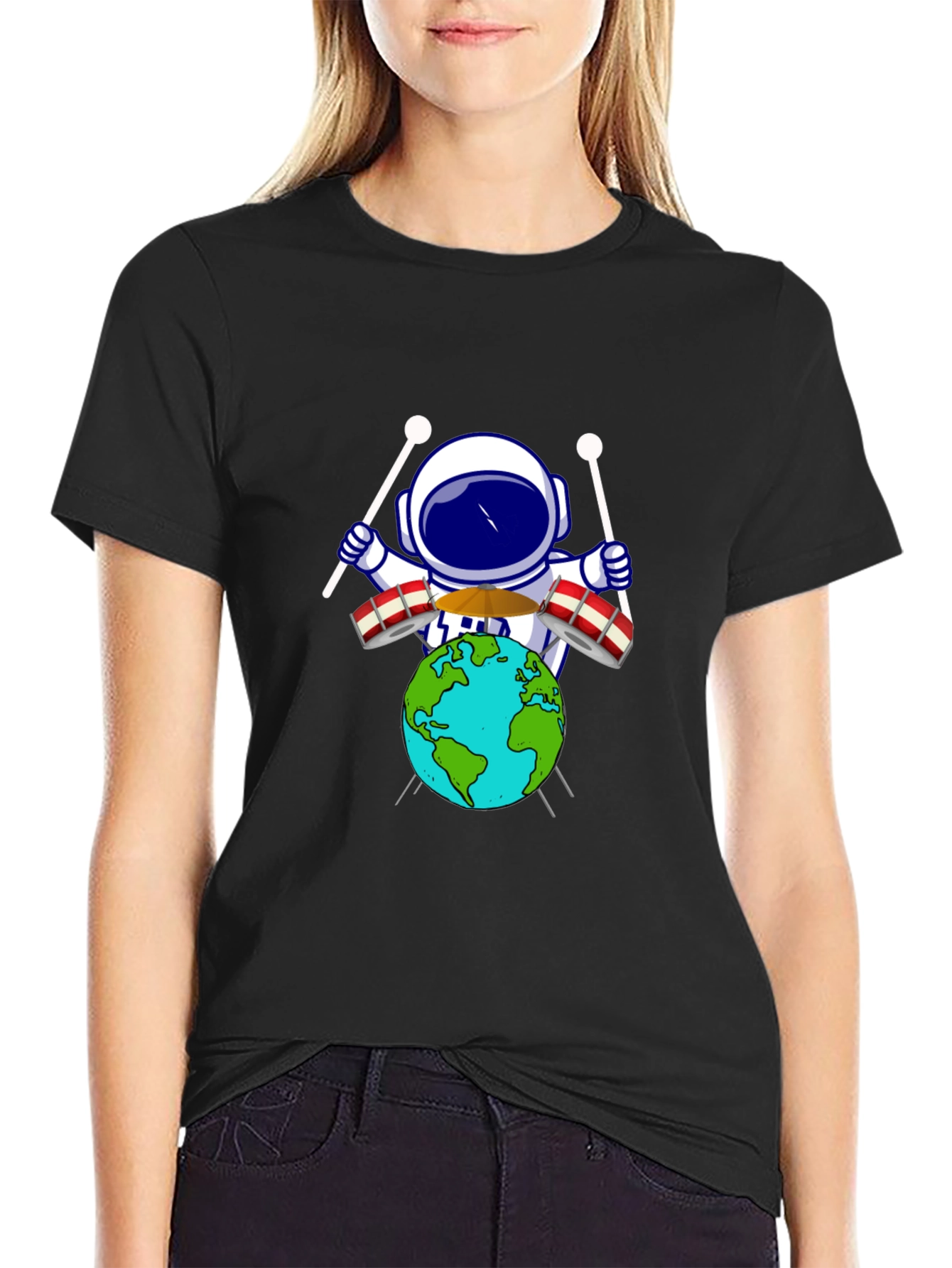 Astronaut Drummer Earth Graphic Tee - Black