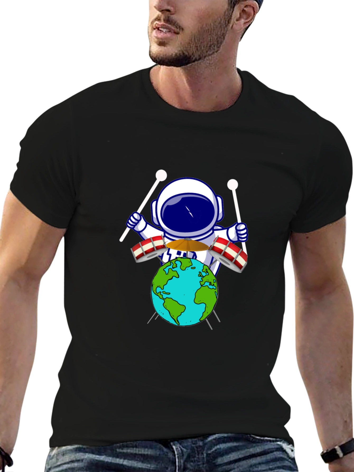 Astronaut Drummer Earth Graphic Tee - Black