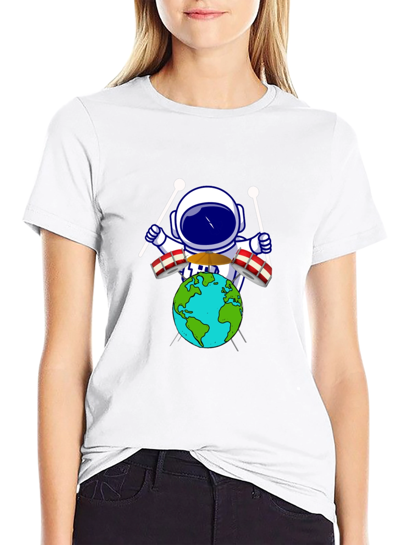 Astronaut Drummer Earth Graphic Tee - Black