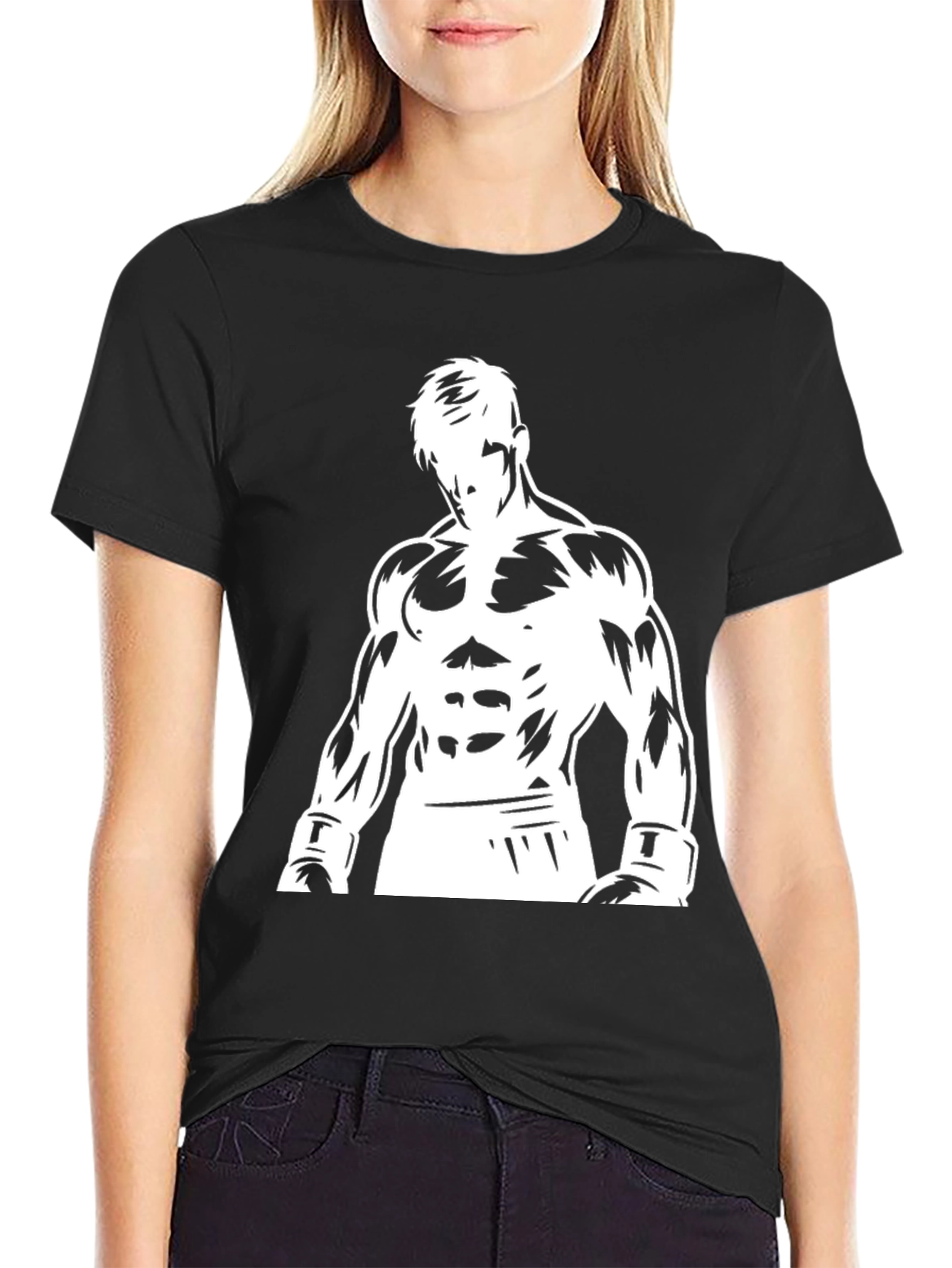 Black Graphic Tee: Boxer Silhouette Design