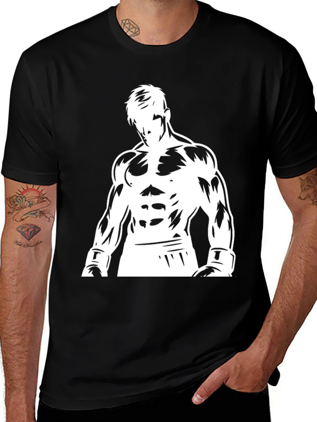 Black Graphic Tee: Boxer Silhouette Design
