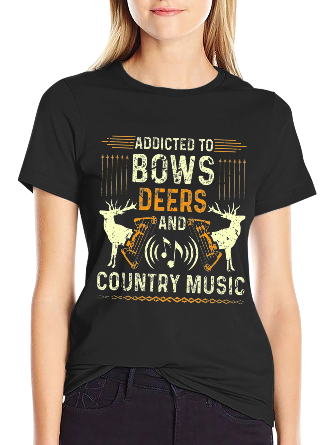 Addicted to Bows Deers and Country Music Black T-Shirt