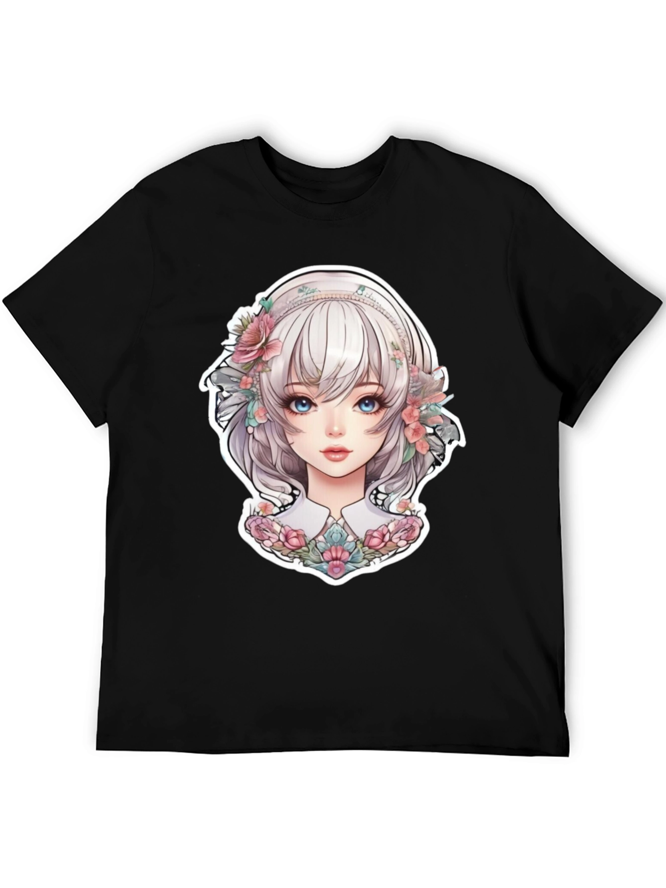 Anime Girl Floral Black T-Shirt