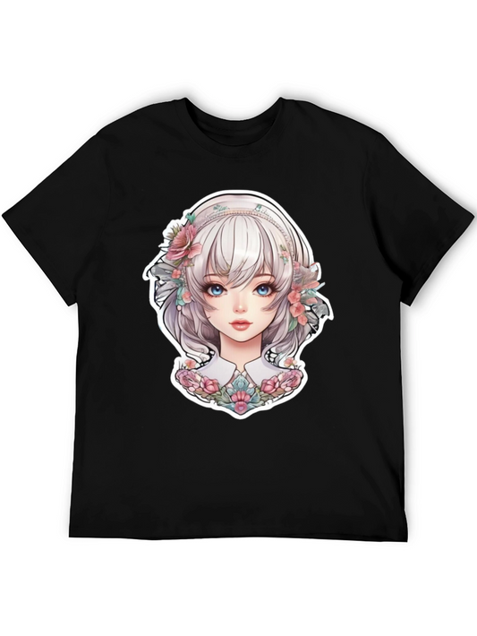 Anime Girl Floral Black T-Shirt