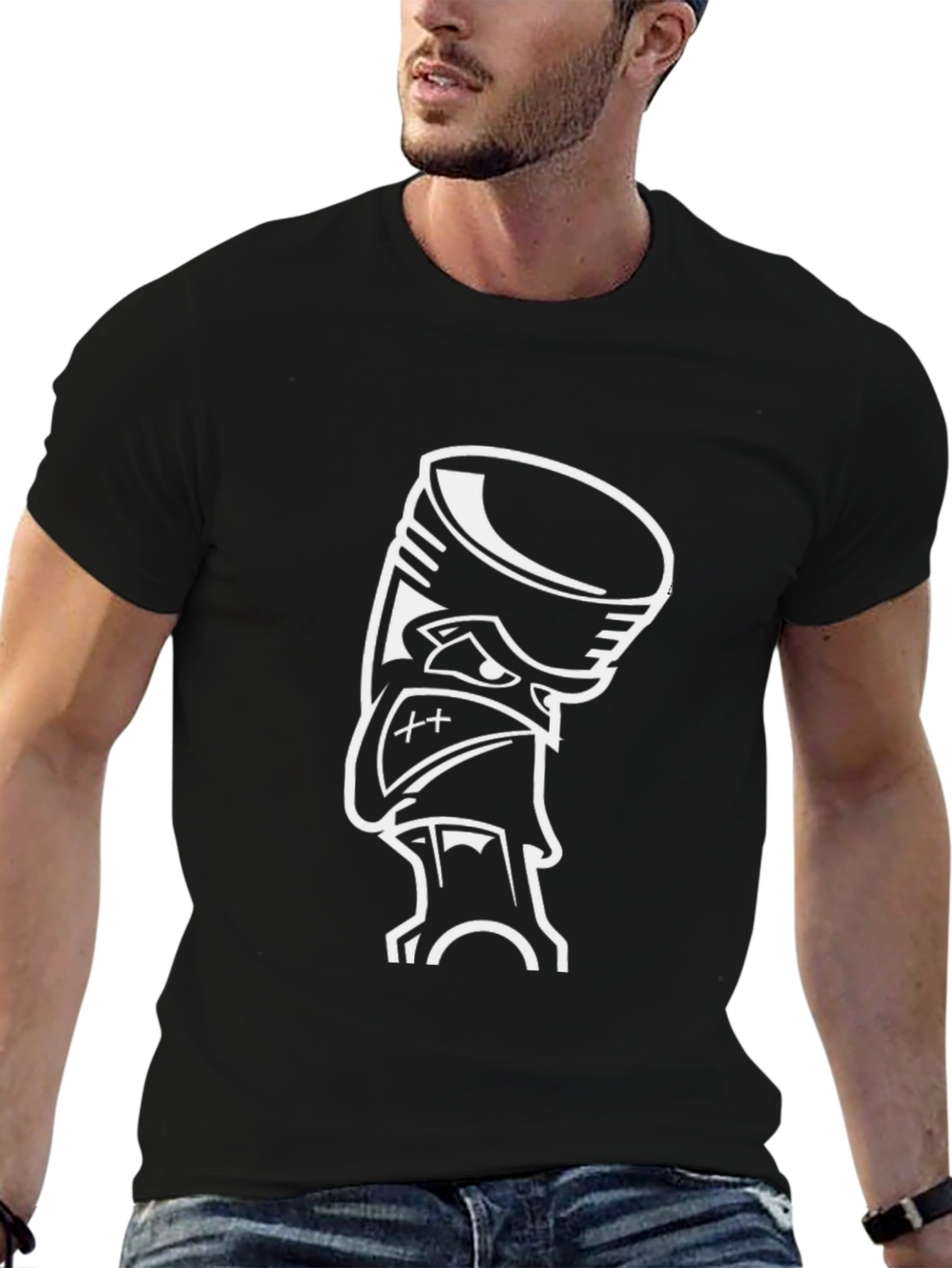 Black Graphic Tee - Cartoon Piston Design