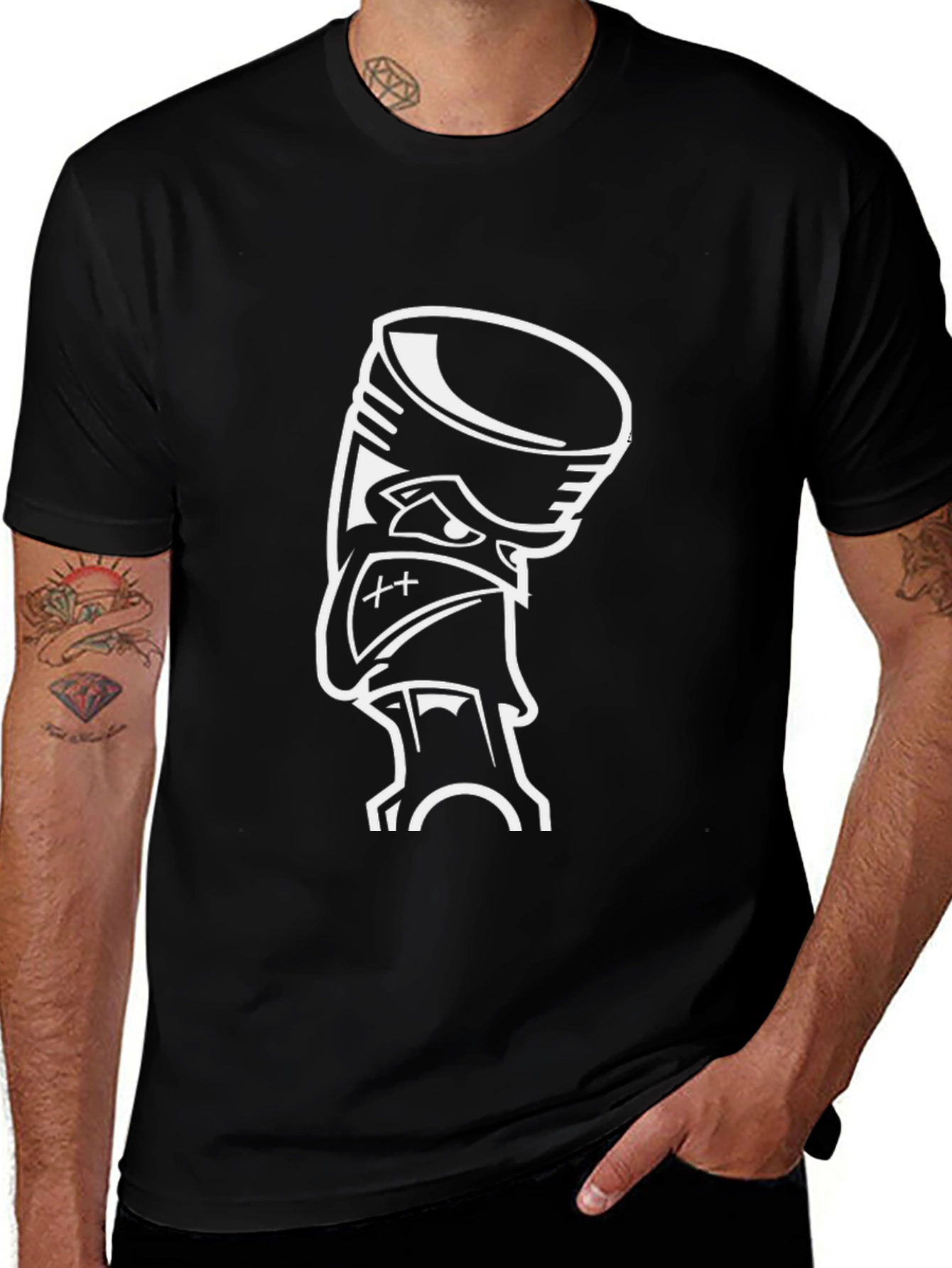 Black Graphic Tee - Cartoon Piston Design