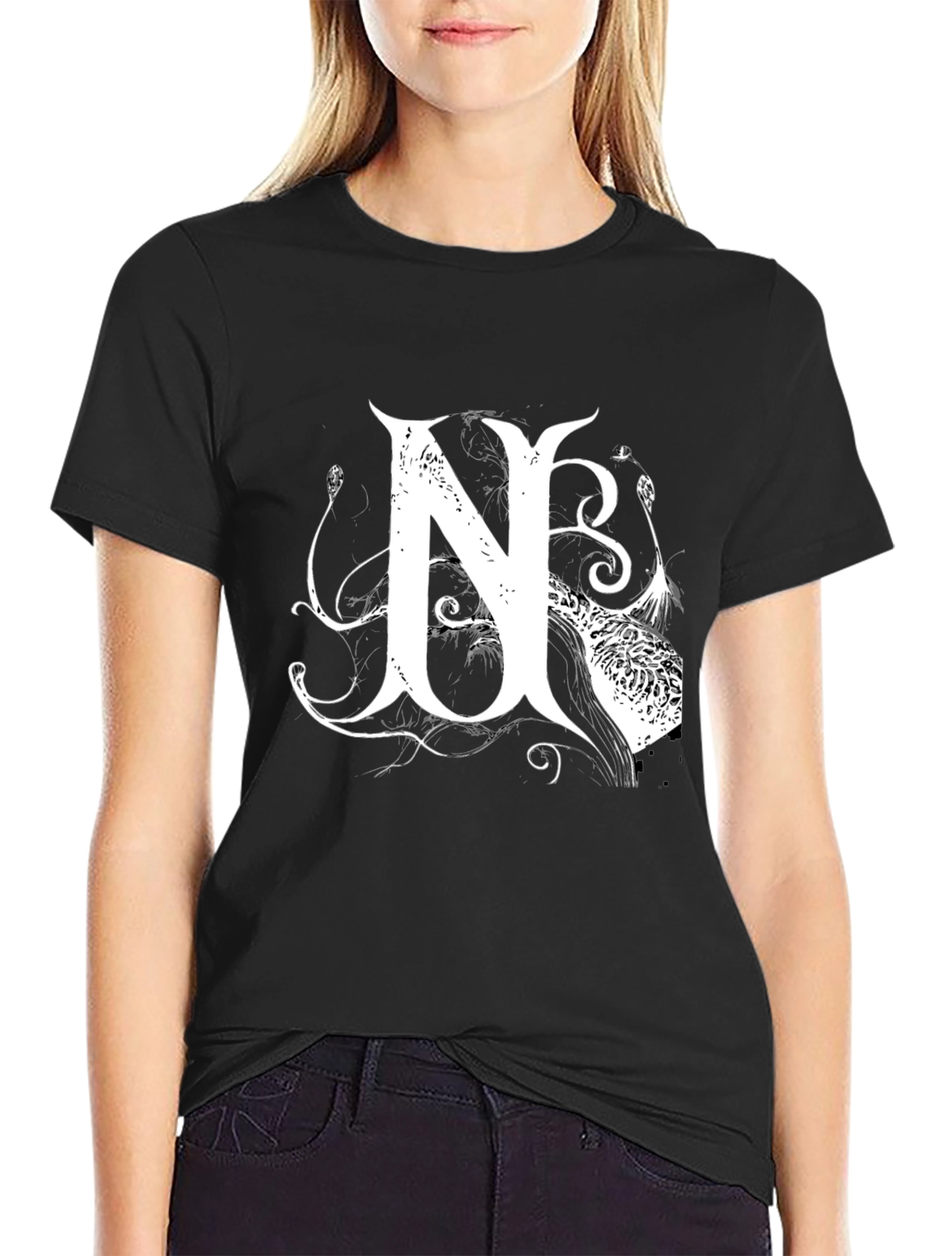 Black T-Shirt with White Letter N Design