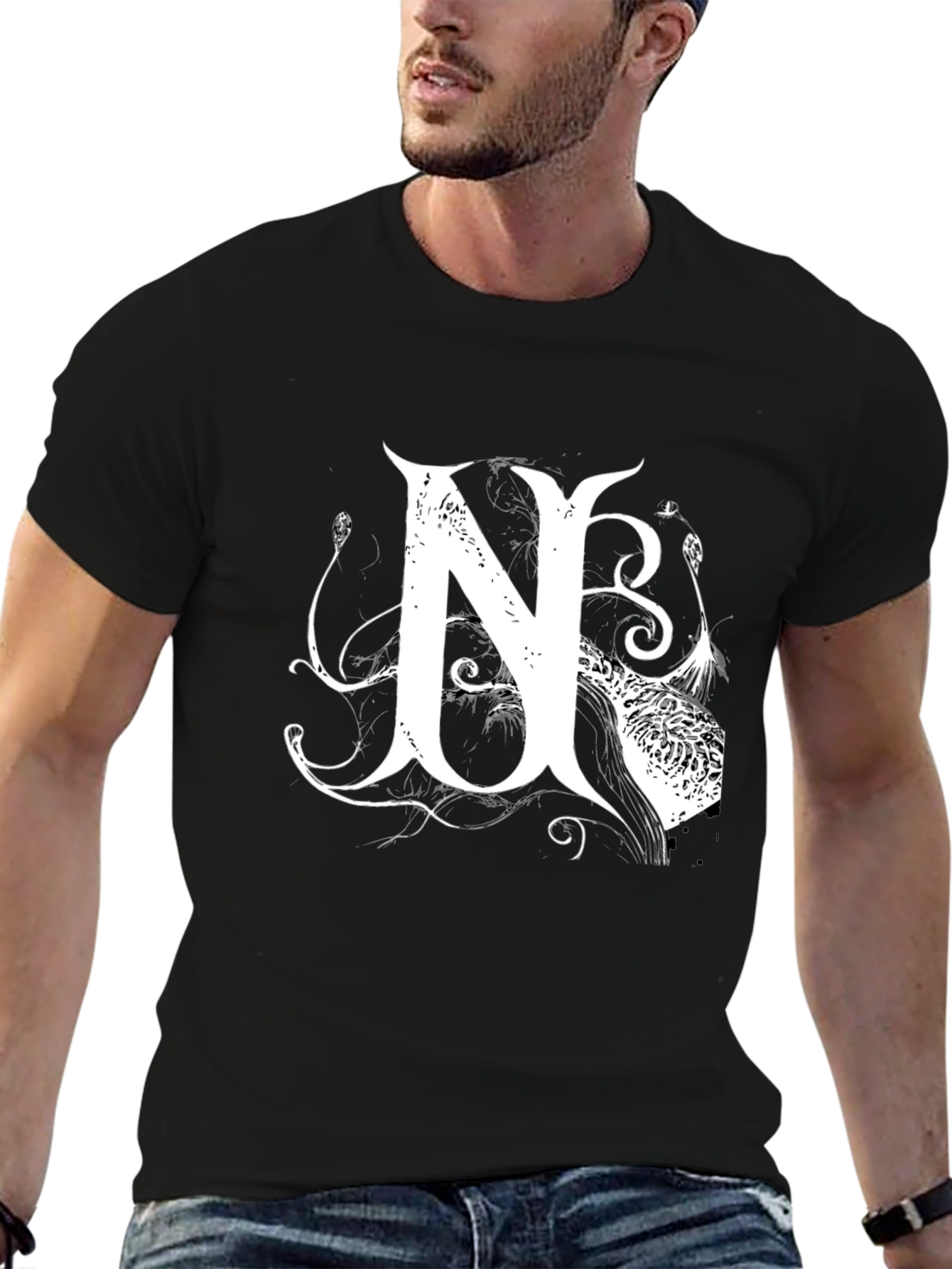 Black T-Shirt with White Letter N Design