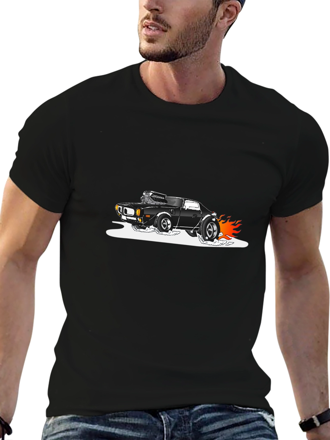 Black T-Shirt with Hot Rod Car Graphic